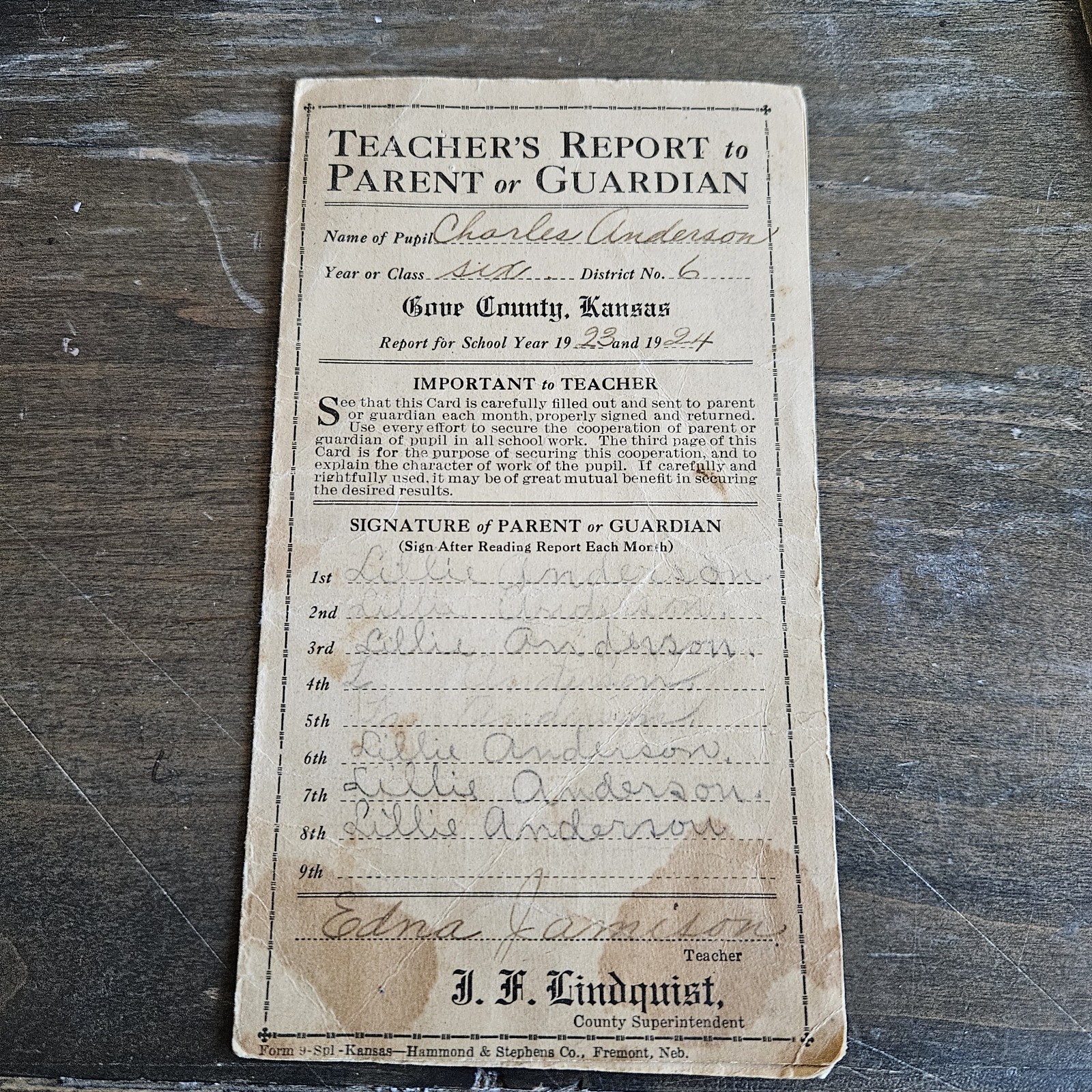 ANTIQUE 1924 TEACHER\'S REPORT TO PARENT STUDENT REPORT CARD GOVE COUNTY KANSAS