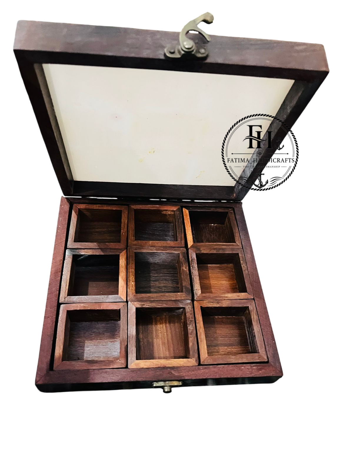 FATIMA Vintage Handmade Wooden Spice Box – 9 Compartment Box Thanksgiving Gift