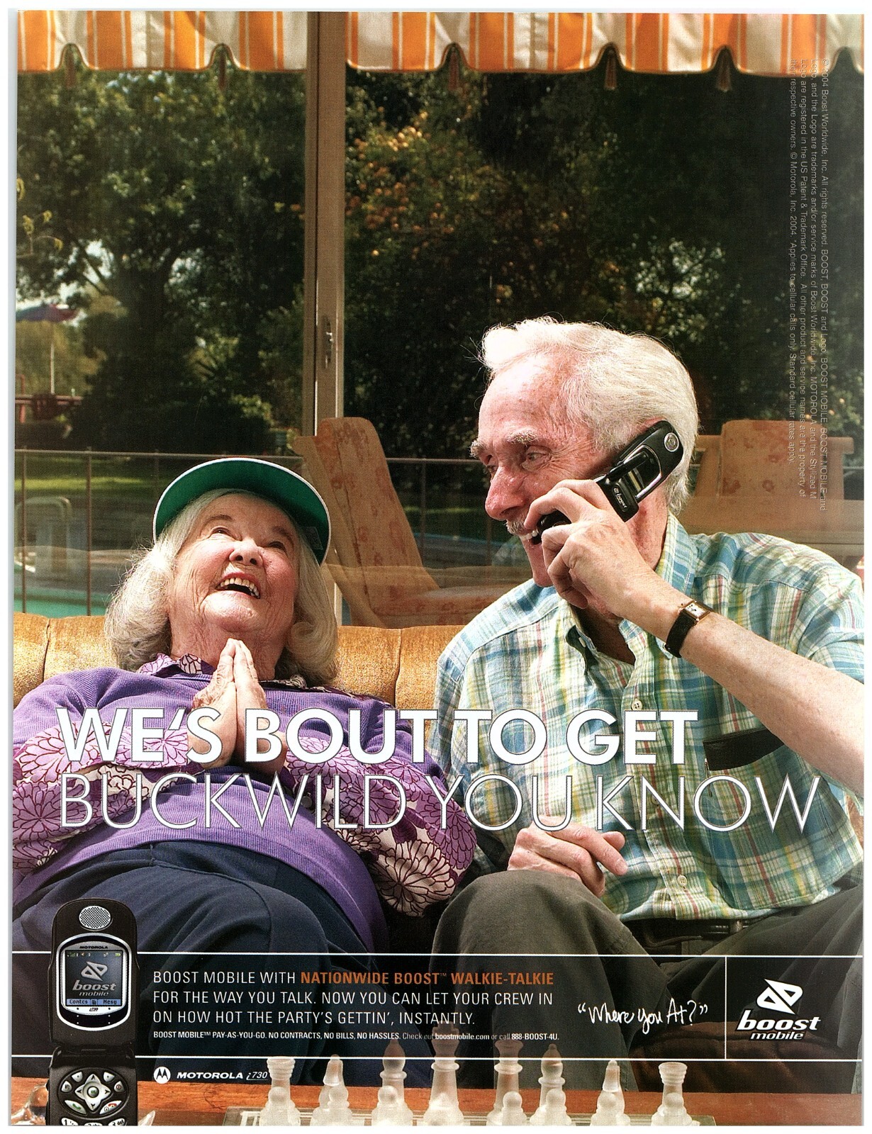 PRINT AD, 2004 Boost Mobile Motorola i730 Flip Phone We\'s Bout To Get Buckwild