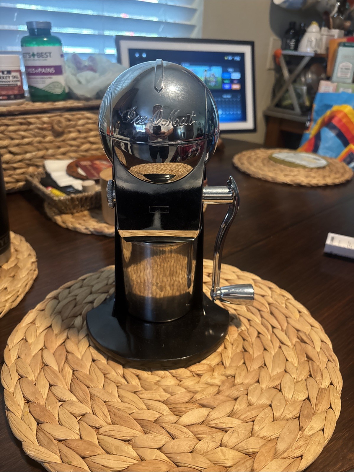 Metrokane Ice-O-Matic Chrome Ice Crusher with Mid Century Style Crank Handle