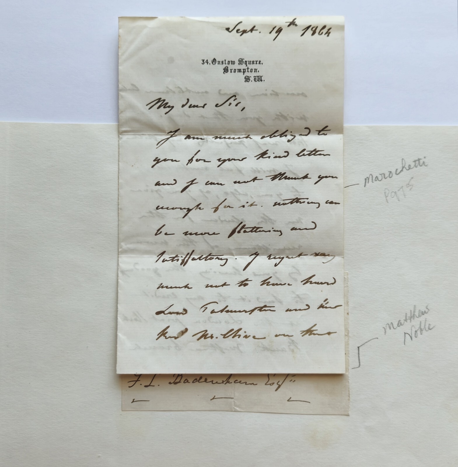 1800s Italian - French Sculptor Baron Carlo Marochetti Letter Matthew Noble Auto