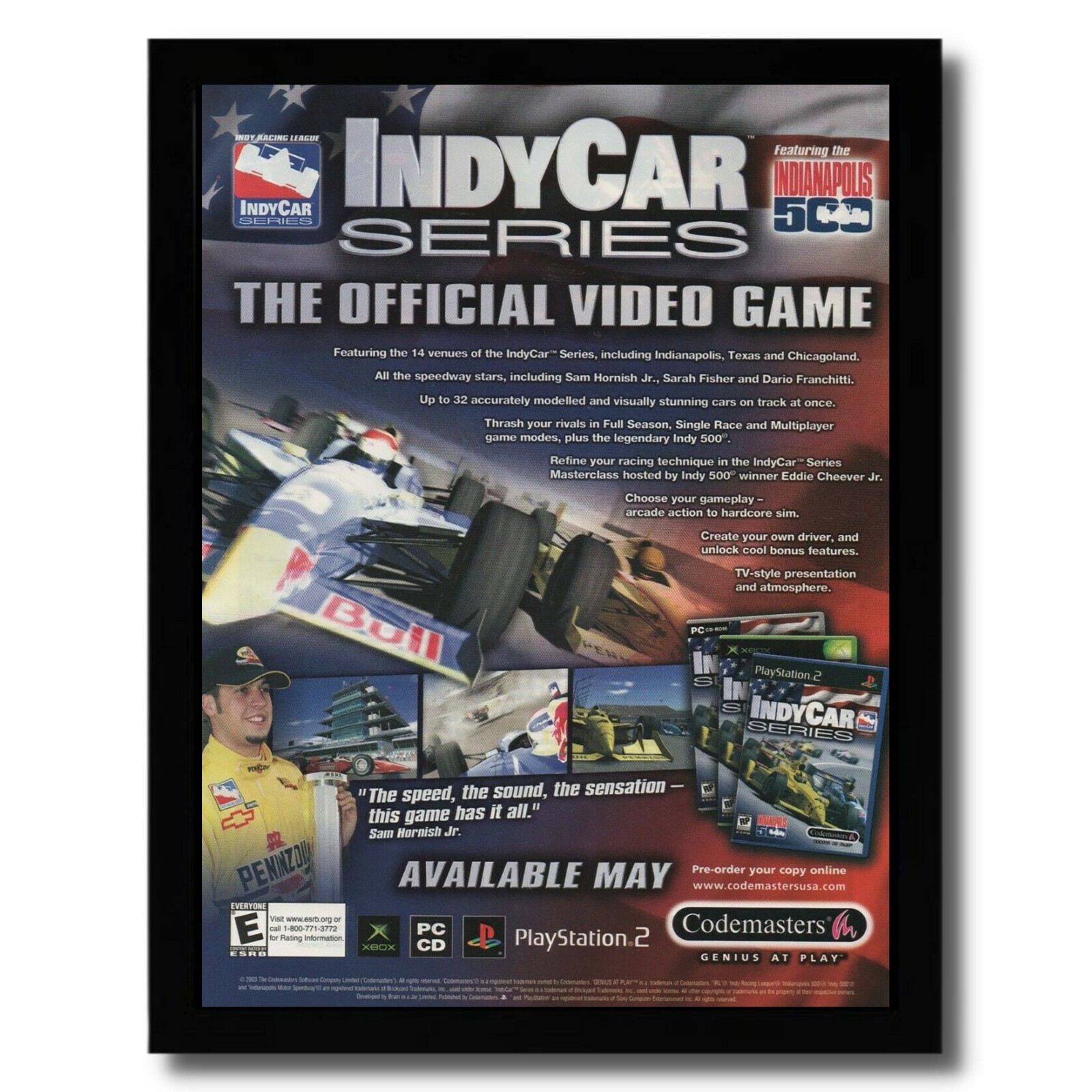 2003 IndyCar Series Framed Print Ad/Poster PS2 Xbox PC Sam Hornish Jr. Racing