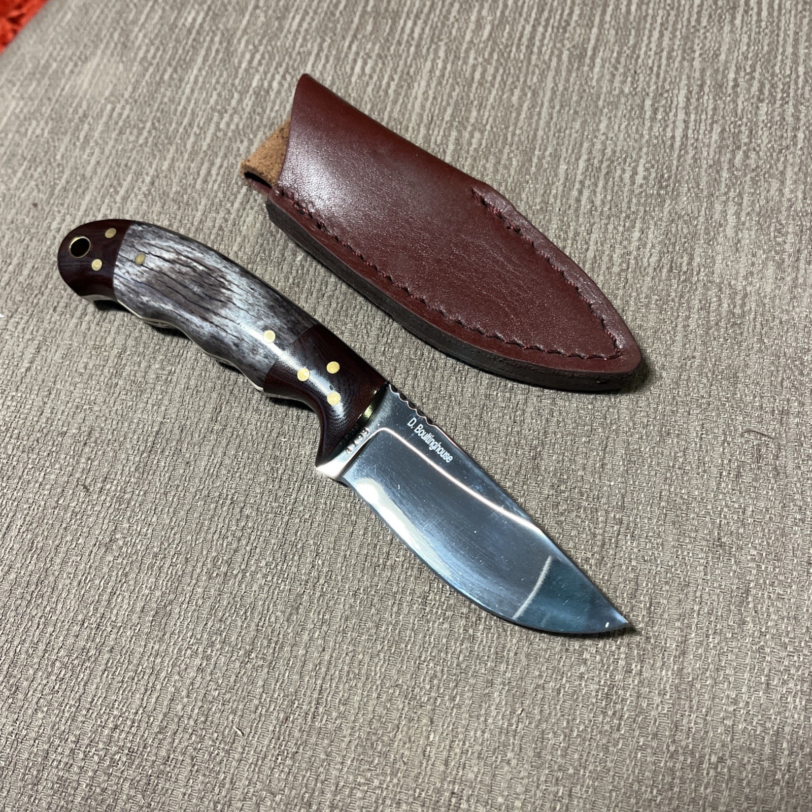 Mint Custom Knife, D. Boultinghouse - Maker, Polished Bone, A198, Custom Sheath