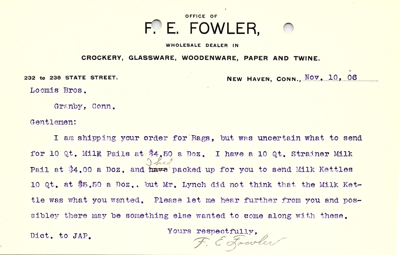 1906 F.E. Fowler (New Haven, CT) Milk Pails Billhead/Letterh
