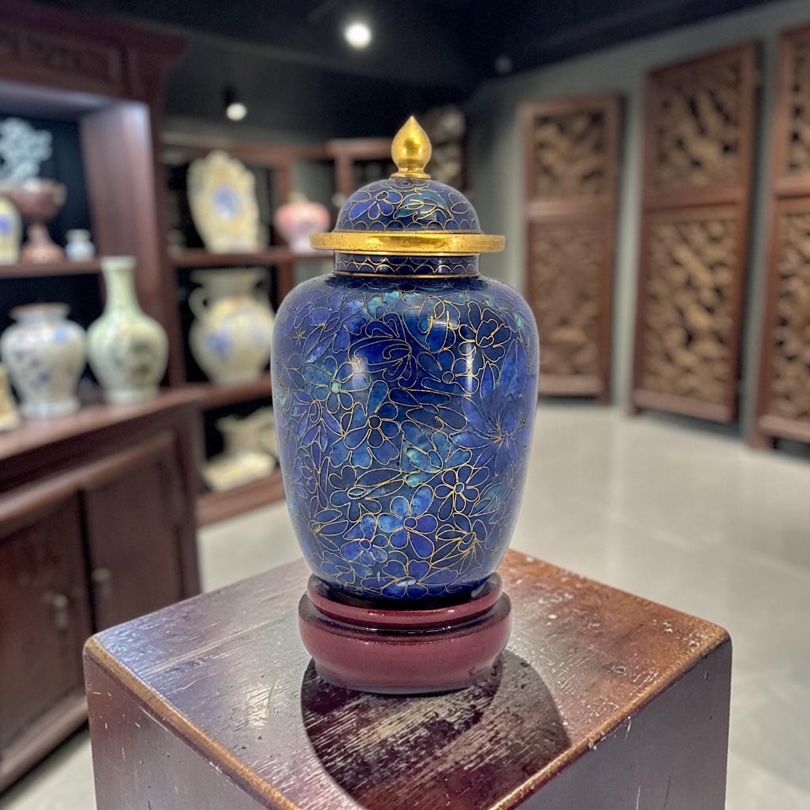 Vintage Jingfa Beijing Cloisonné Ginger Jar With Stand China c.1960s-70s