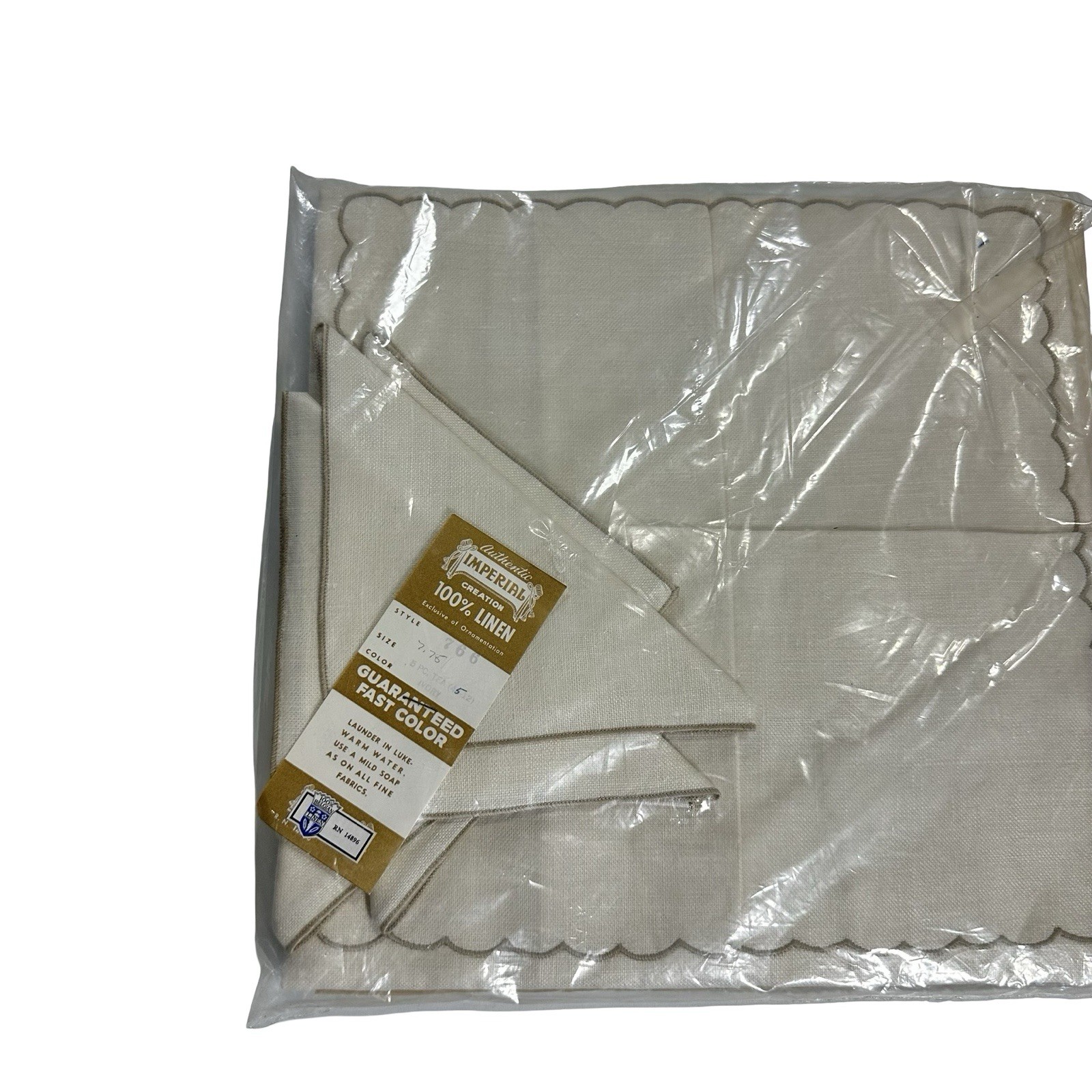 Vtg 50s Imperial 100% Belgian Linen Tablecloth 4 Napkins Tea Set Ivory 42x42 NIP