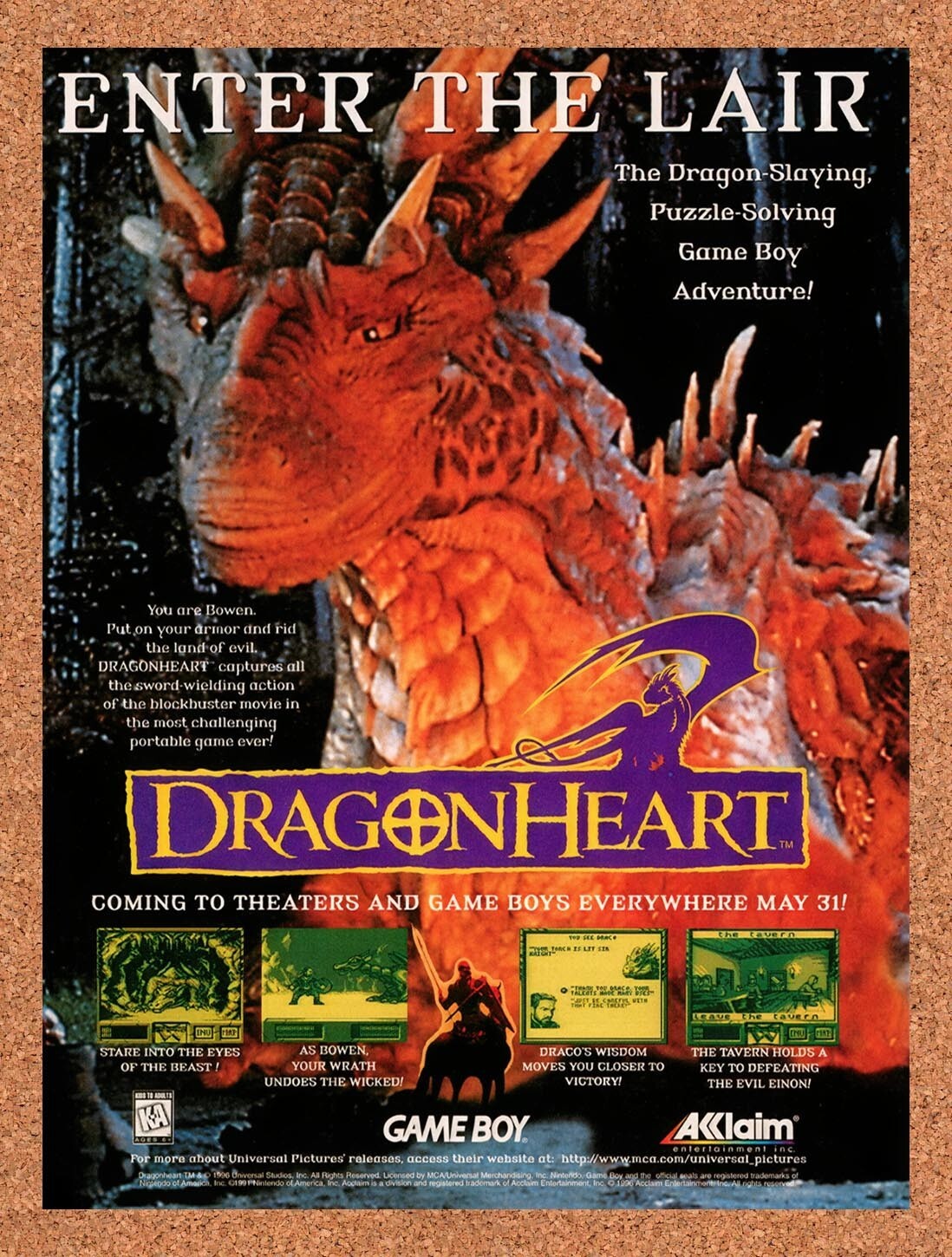 1995 DragonHeart Fire & Steel Game Boy Original Ad / Retro Wall Art v1