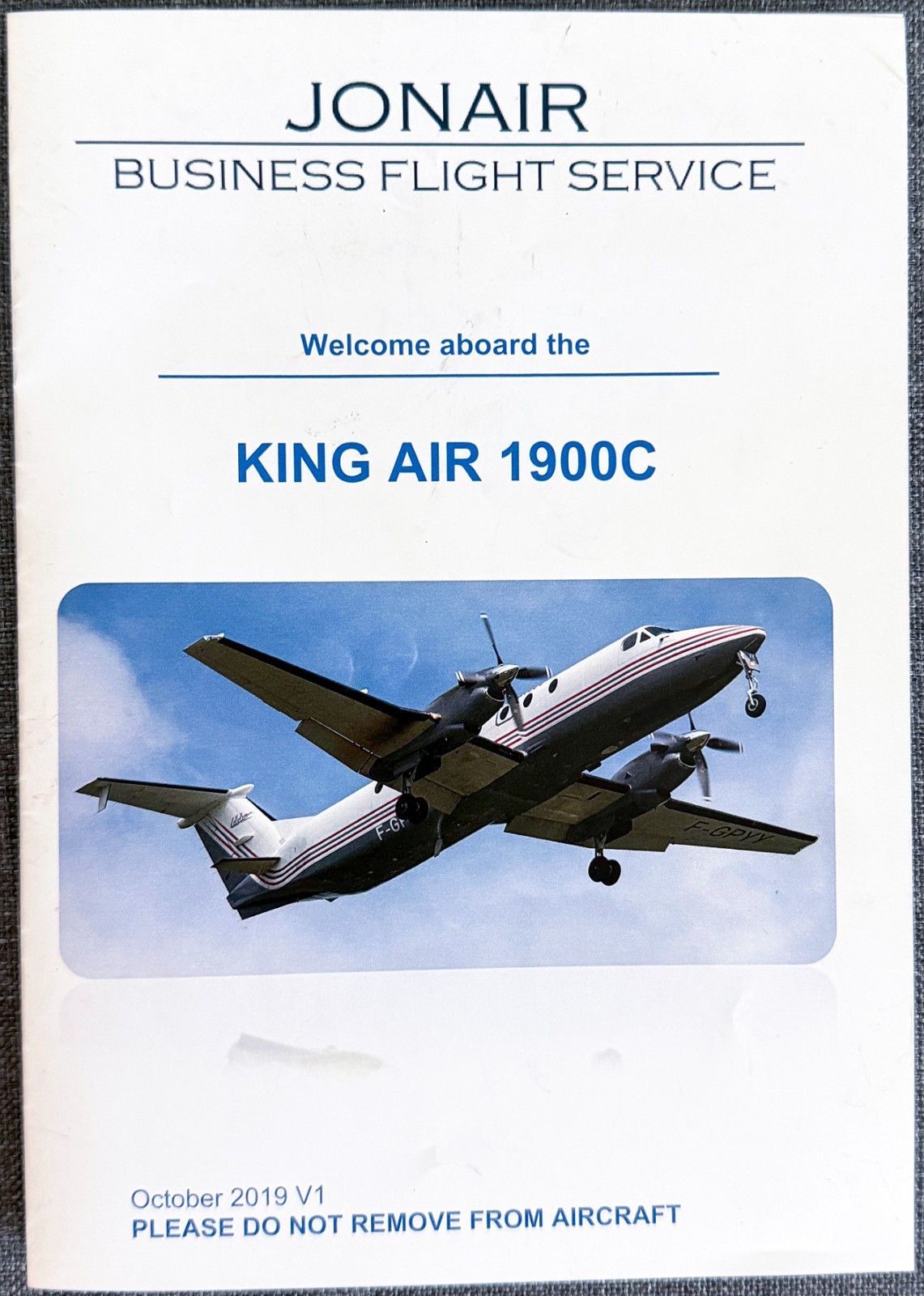Safety Card Jonair King Air 1900C Paper folder card date October 2019 V1
