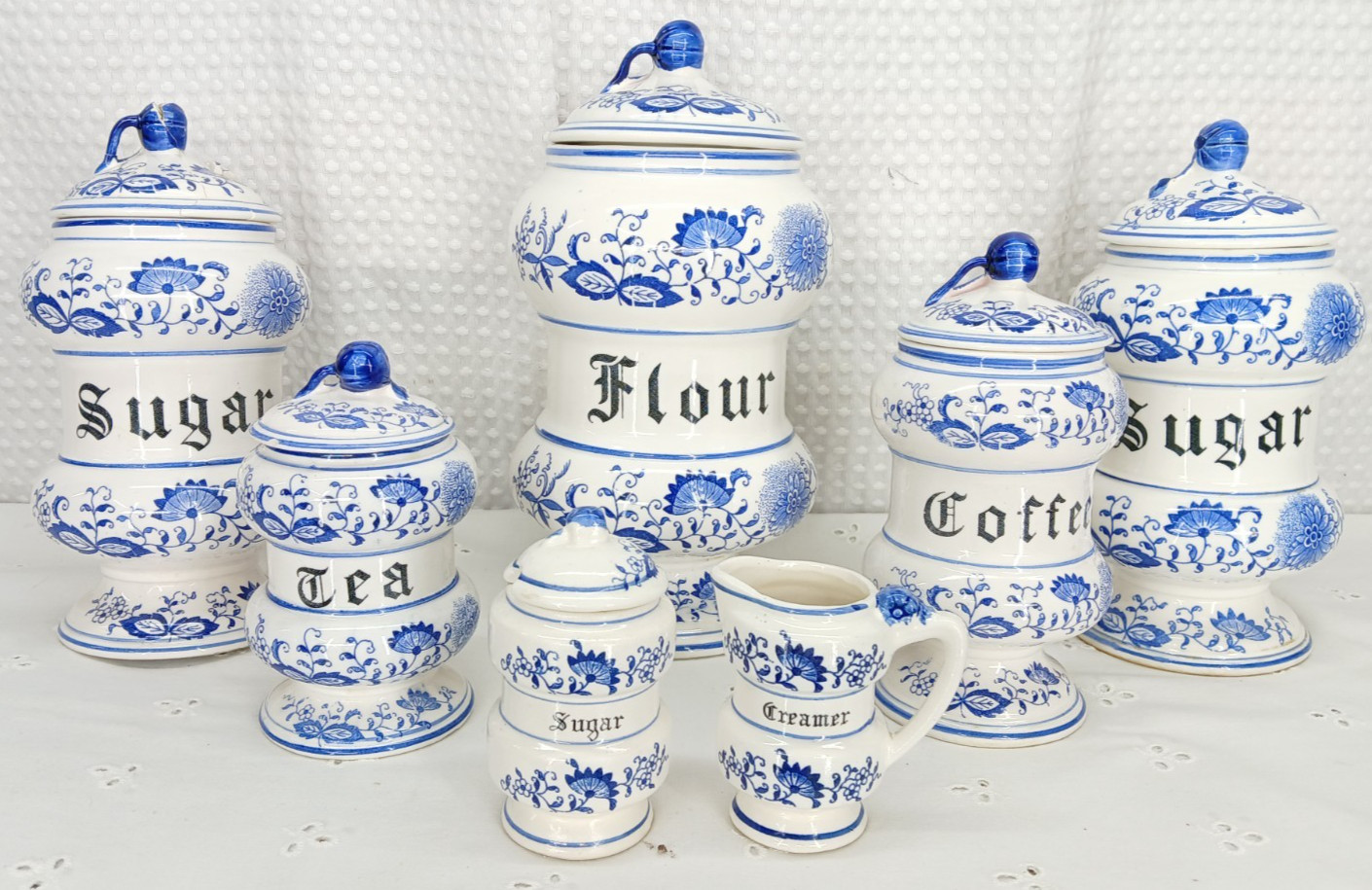 7 PC VINTAGE BLUE ONION CANISTER SET FLOUR SUGAR COFFEE TEA SM SUGAR SM CREAMER