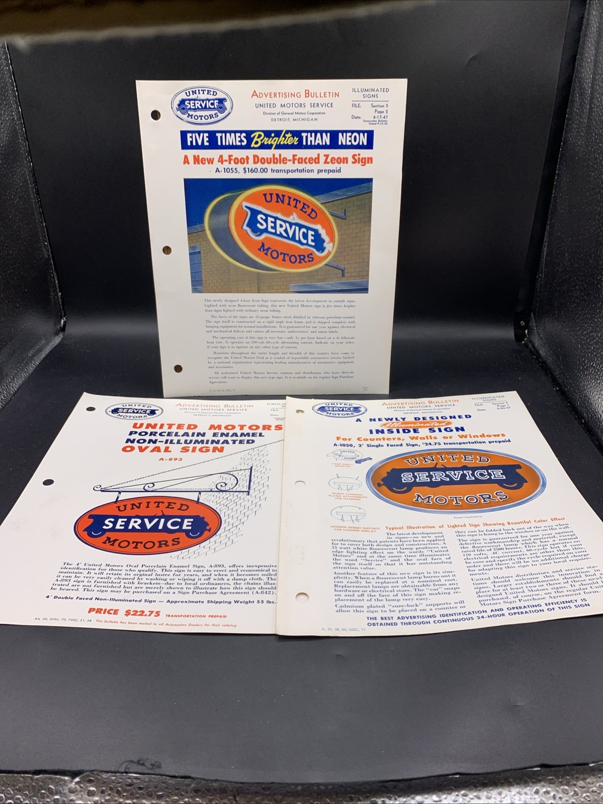 Three 1947 & 1952 United Motors Service Advertising Bulletin Sales Brochures