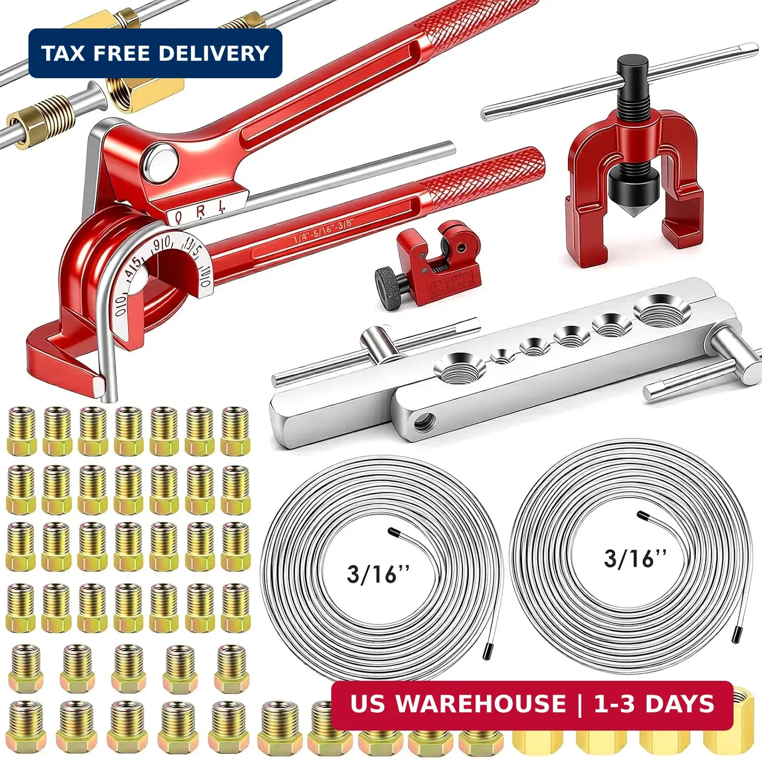 55PC 3/16 Brake Line Kit 25FT Zinc Plated Tubing Fittings Bender Flare Tool