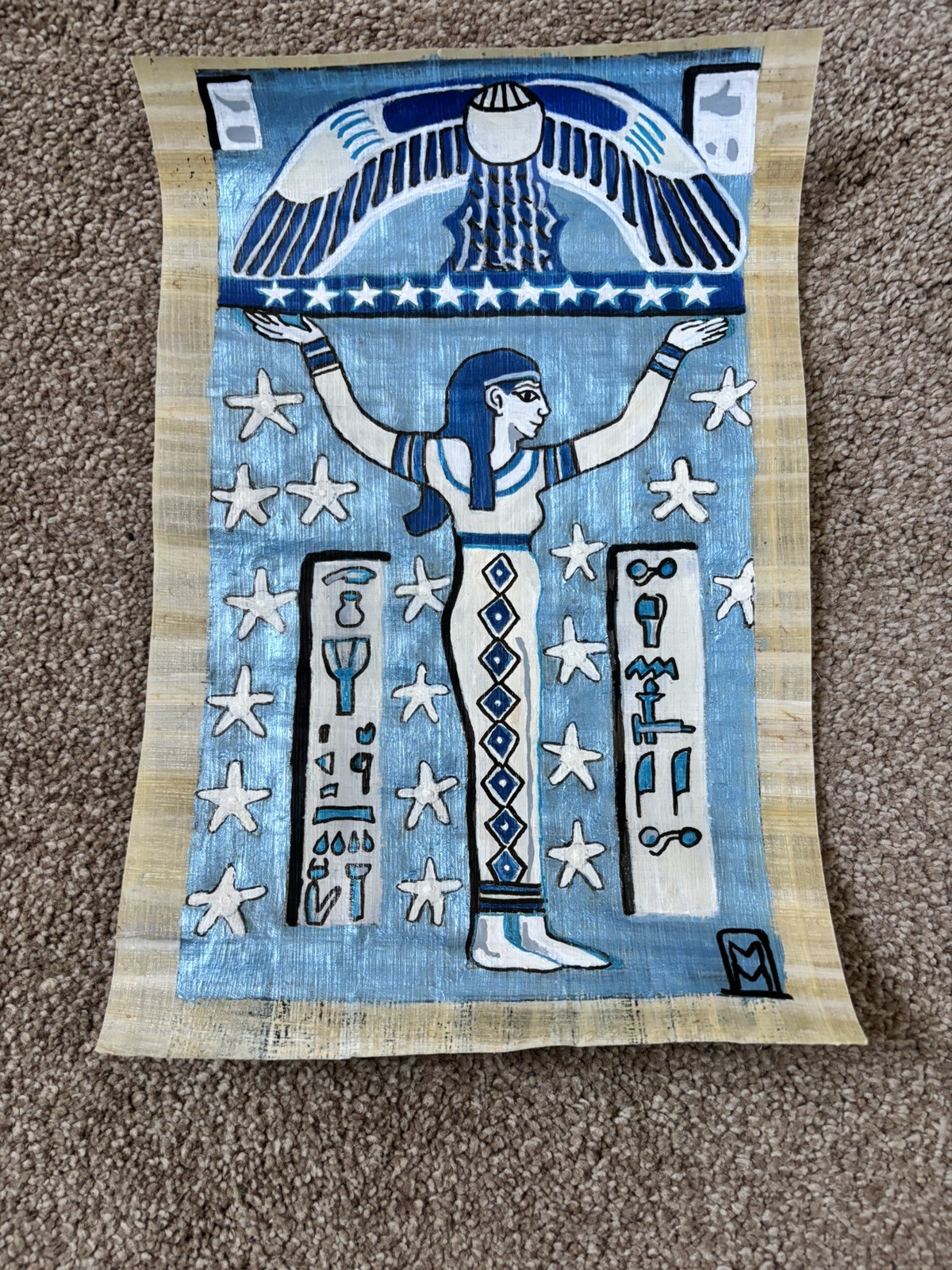 Handpainted Papyrus Egyptian-style Hathor Goddess Stars temple art signed