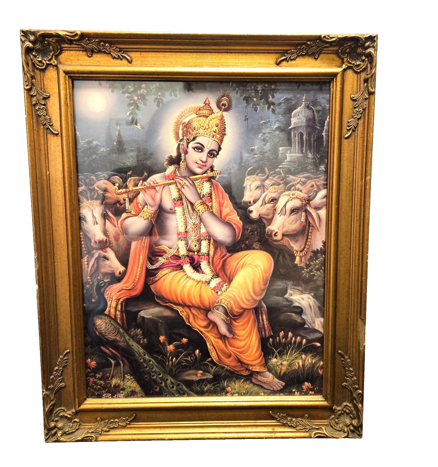 Large Framed Krishna Playing Flute Art Painting Hindu Spiritual Wall Decoration