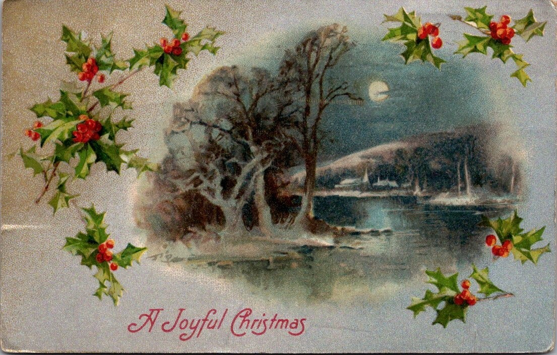 A JOYFUL CHRISTMAS Winter Scene night view c1907 Postcard