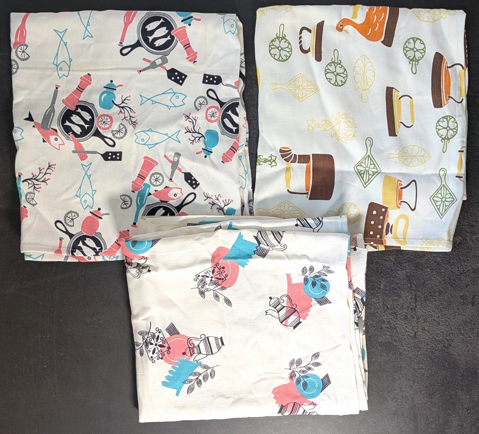 Vintage Kendall Dish Towels Mid Century Kitchen Cotton Linen Novelty Lot of 3