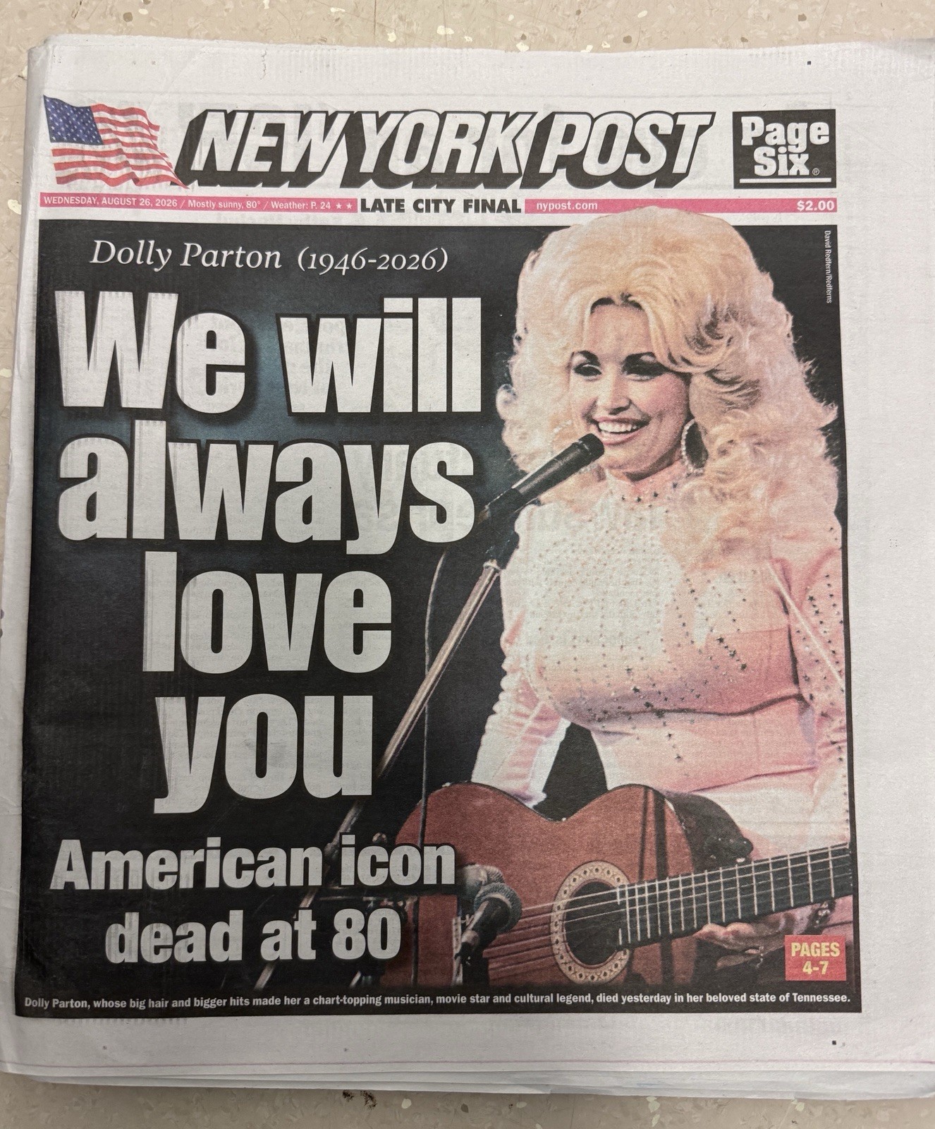 New York Post 8/26/26 Dolly Parton WE WILL ALWAYS LOVE YOU Complete Newspaper