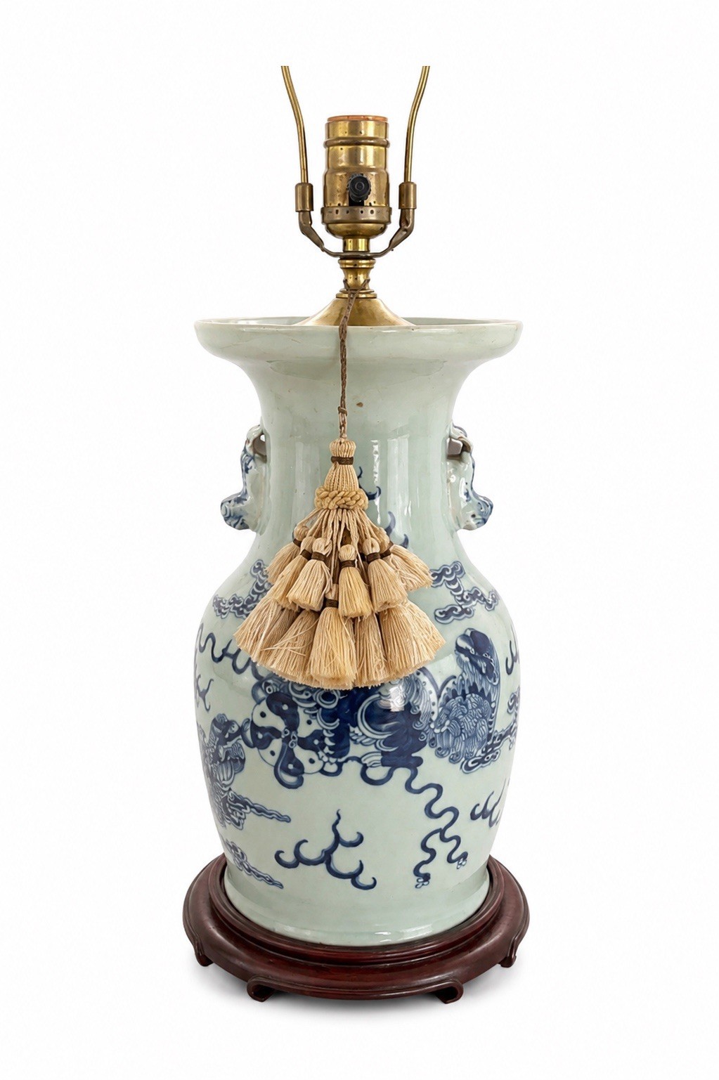 Vintage Or Antique Blue Chinese Export Double Handle Dragon Vase Lamp