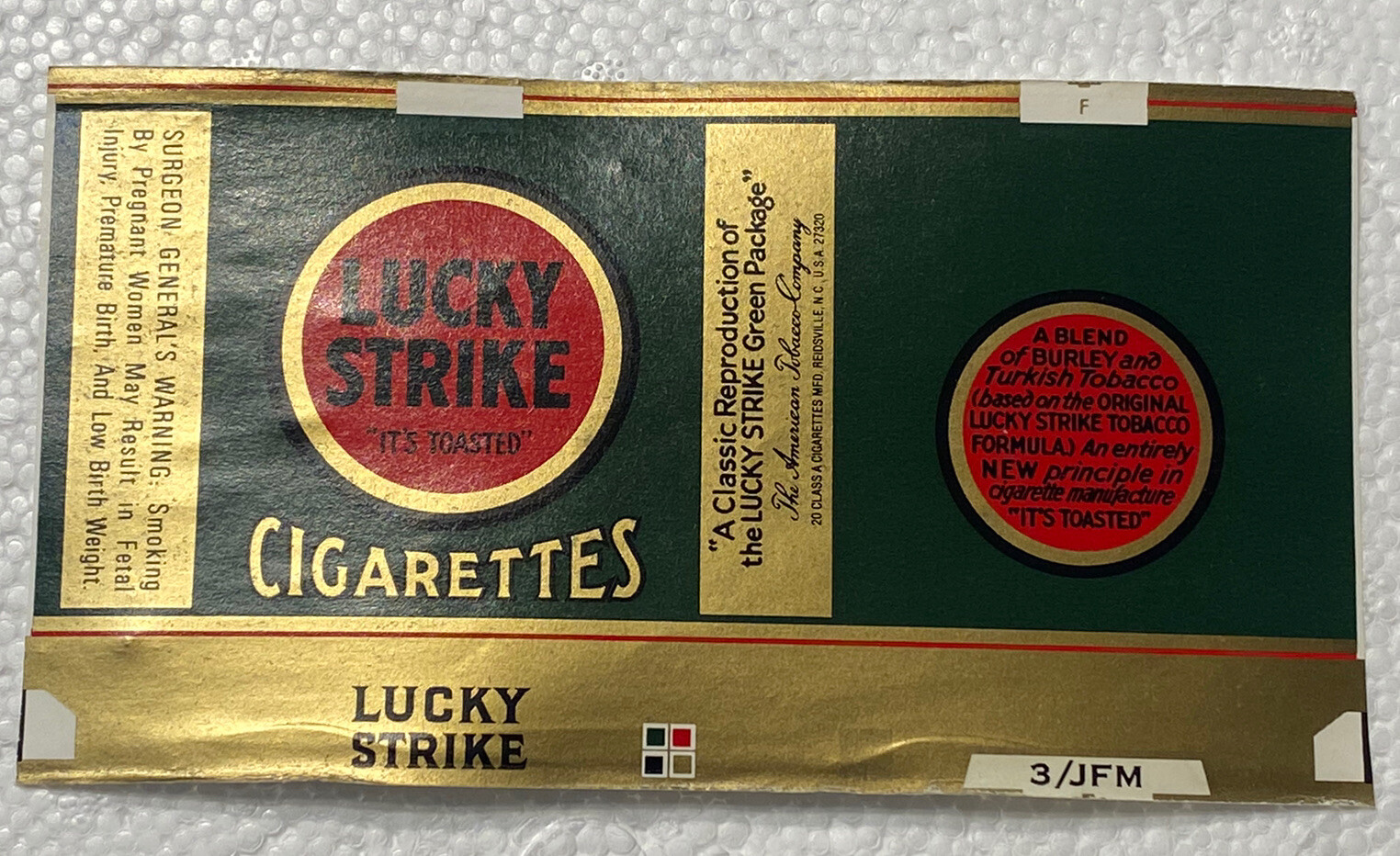 Vtg 1940s Repro Green Lucky Strike Cigarettes Empty Pack Package Wrapper TOBACCO