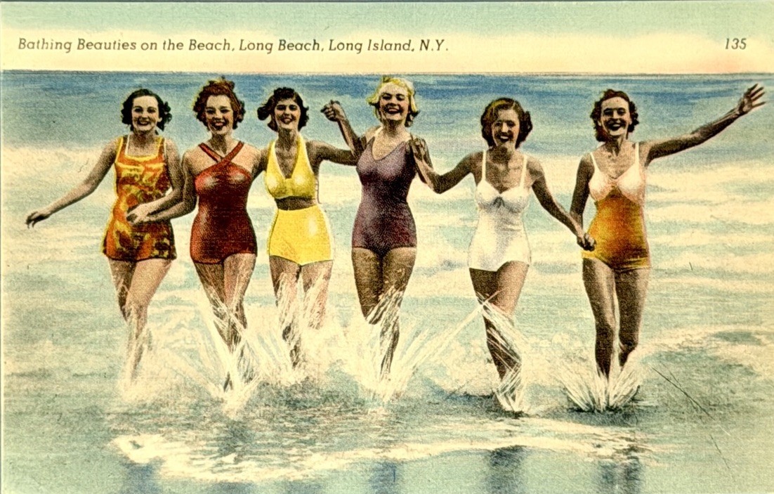 Vintage Long Beach NY Linen Postcard Bathing Beauties Beach Long Island Unused