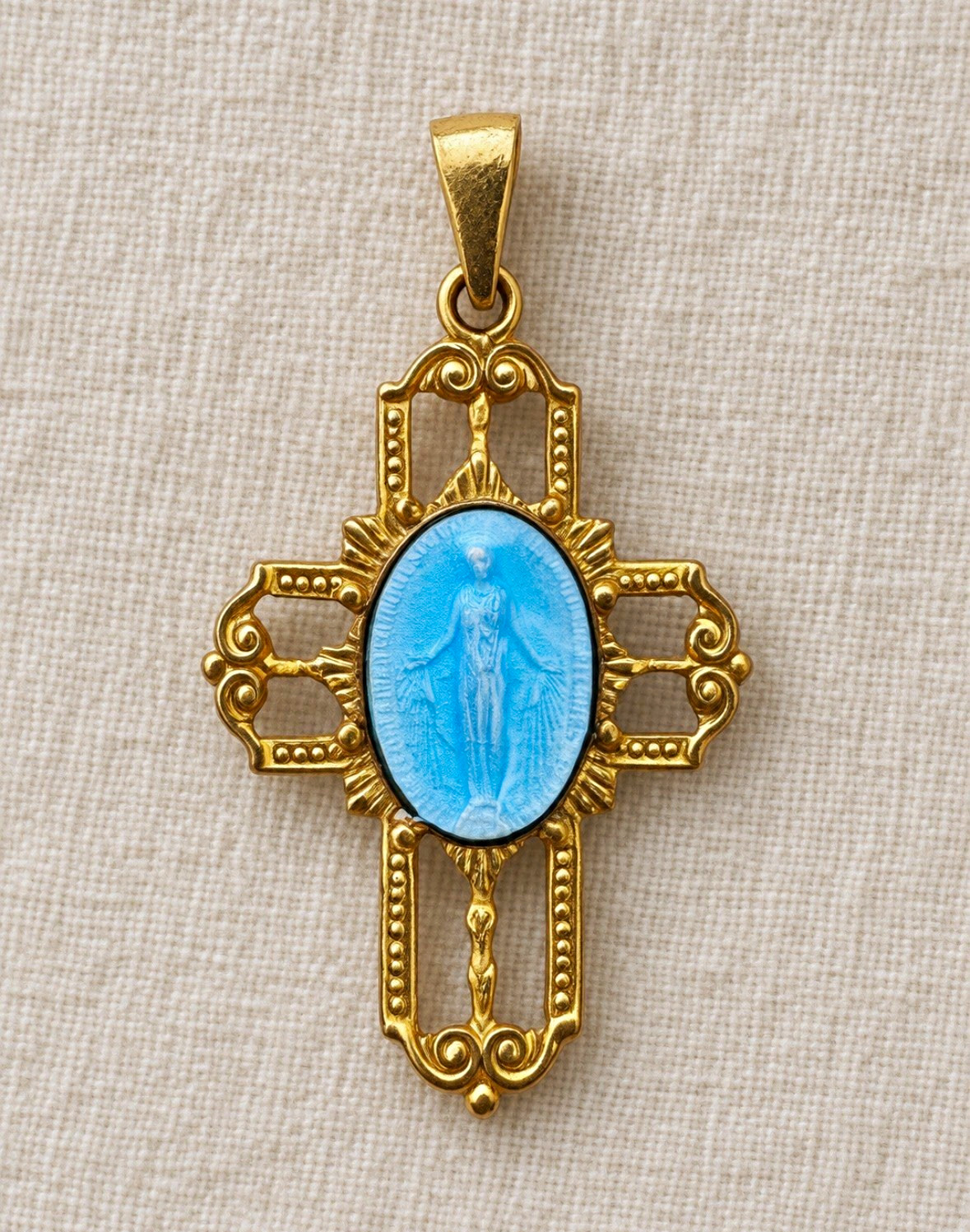 Vintage Blue Guilloché Enamel Virgin Mary Filigree Cross Pendant Gold Tone