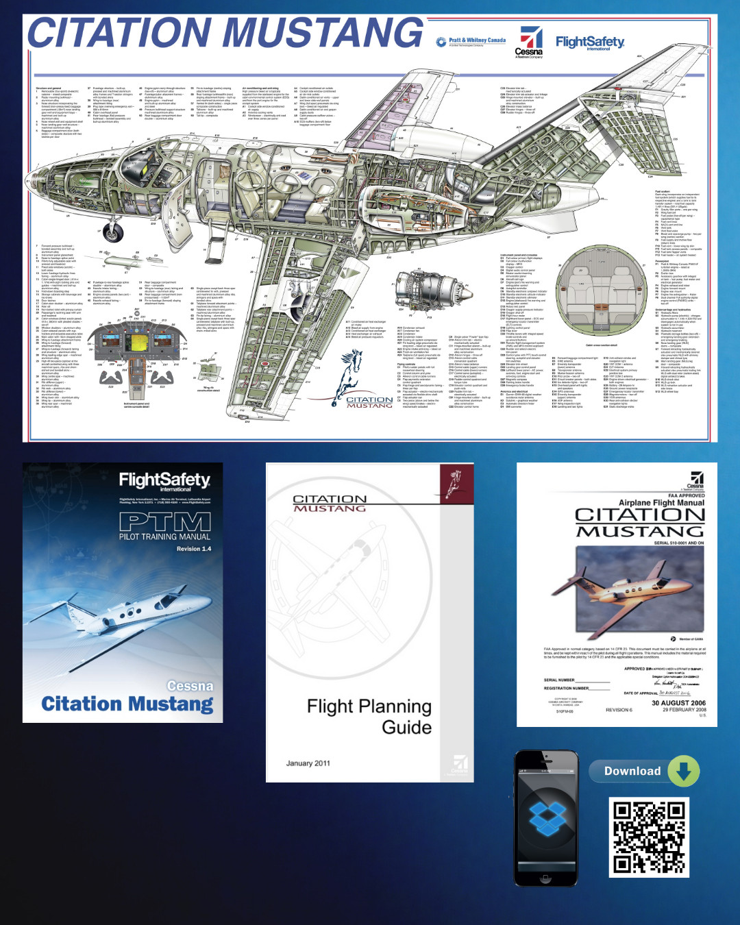 Cessna citation mustang Pilot initial study Manuals + Cutaway Poster 12in x 18in