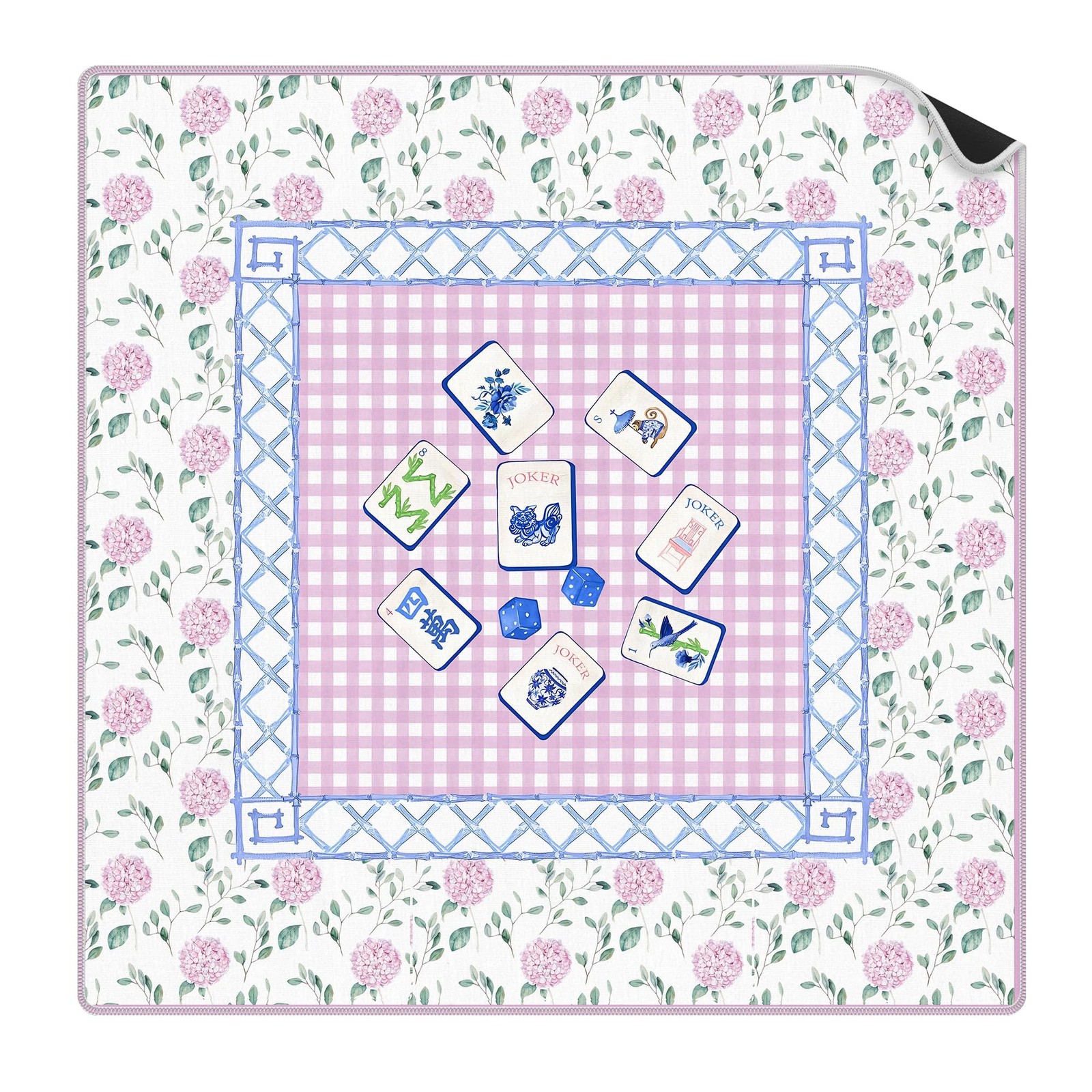 Pink Hydrangea Chinoiserie Mahjong Mat Gifts 31.5 x 31.5 in, Blue Pink Floral...