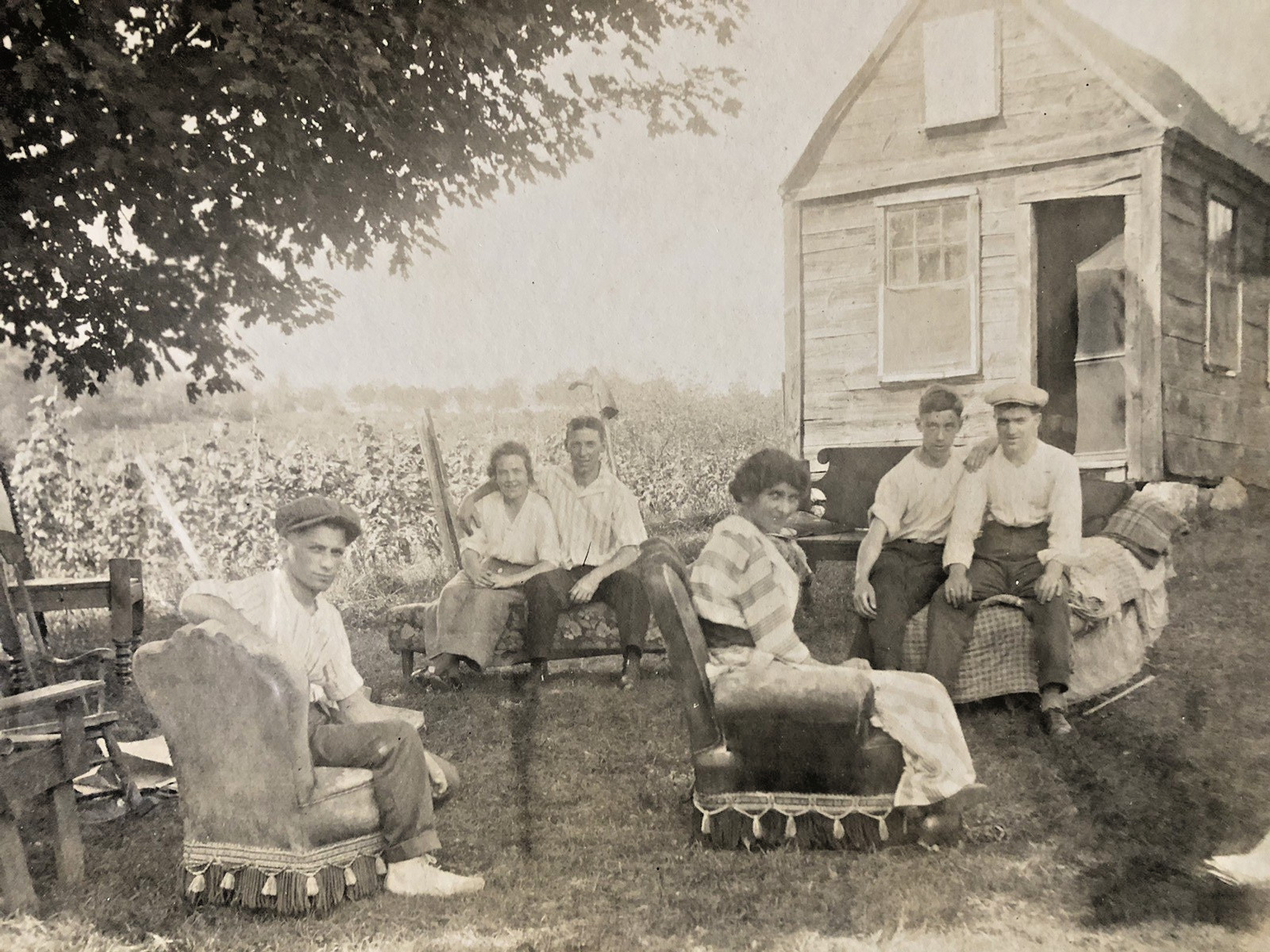 HUDSON N. H. c1920s Photo Six People Posing On Furniture Taken From Small House