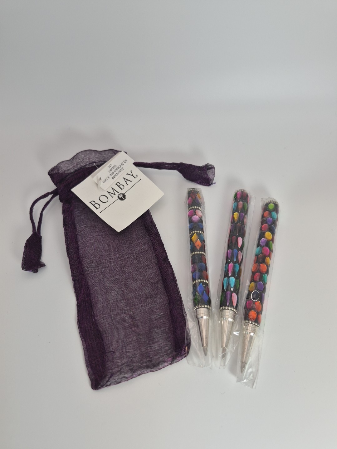 Bombay Company Jeweled 3pc. Pen Set Vintage Purple Bag NOS India #043 *5