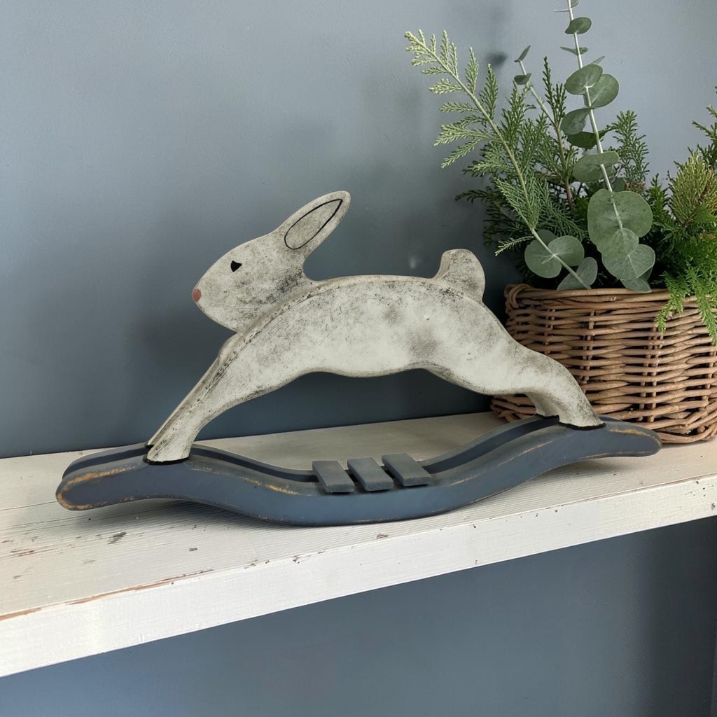 VTG Rustic Wood Hand Painted Primitive Folk Art Rocking Horse Bunny Rabbit 16