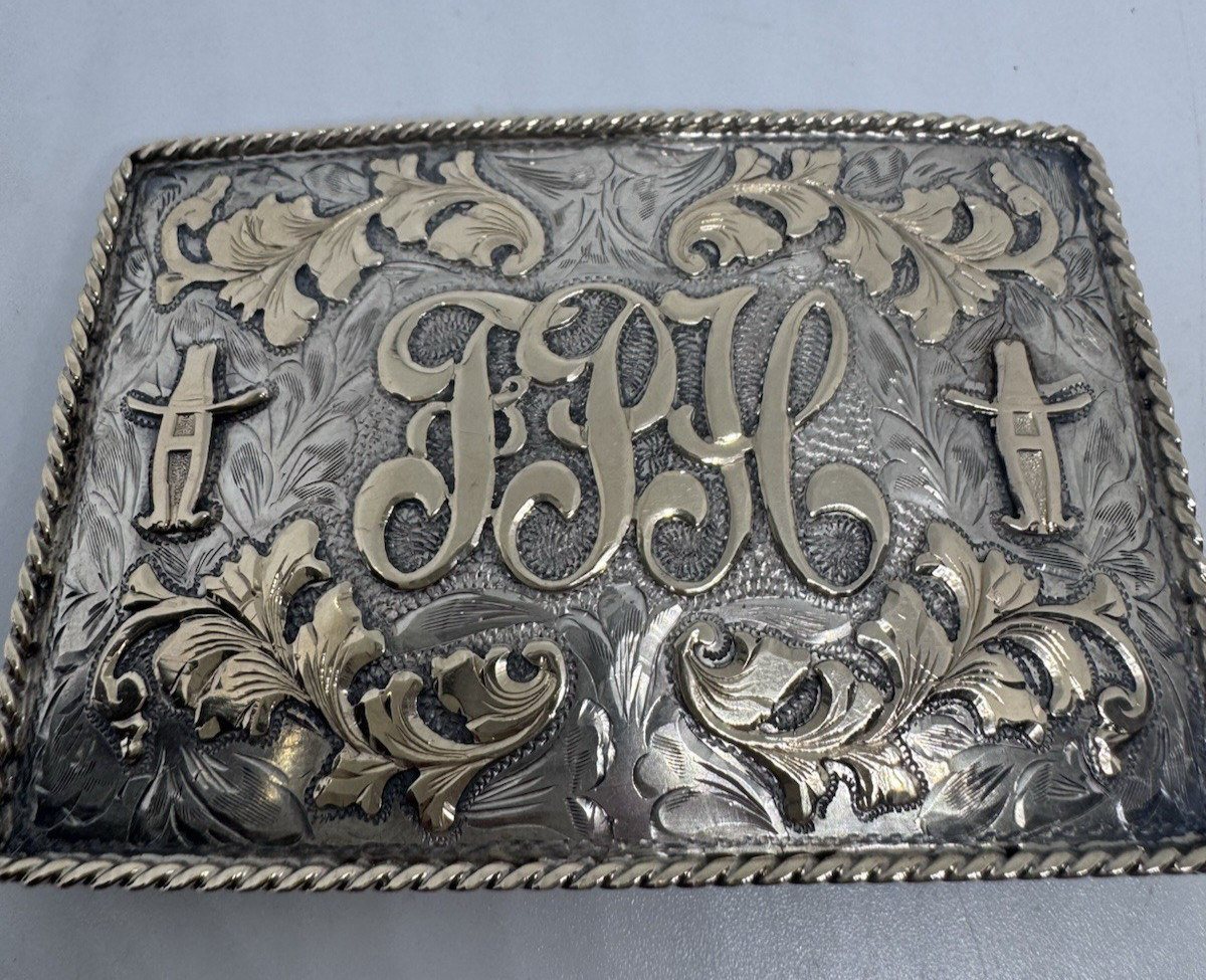 RARE VTG NELSON SILVIA CO STERLING & 10K YG HOUSTON RODEO BUCKLE W/INITIALS-NR