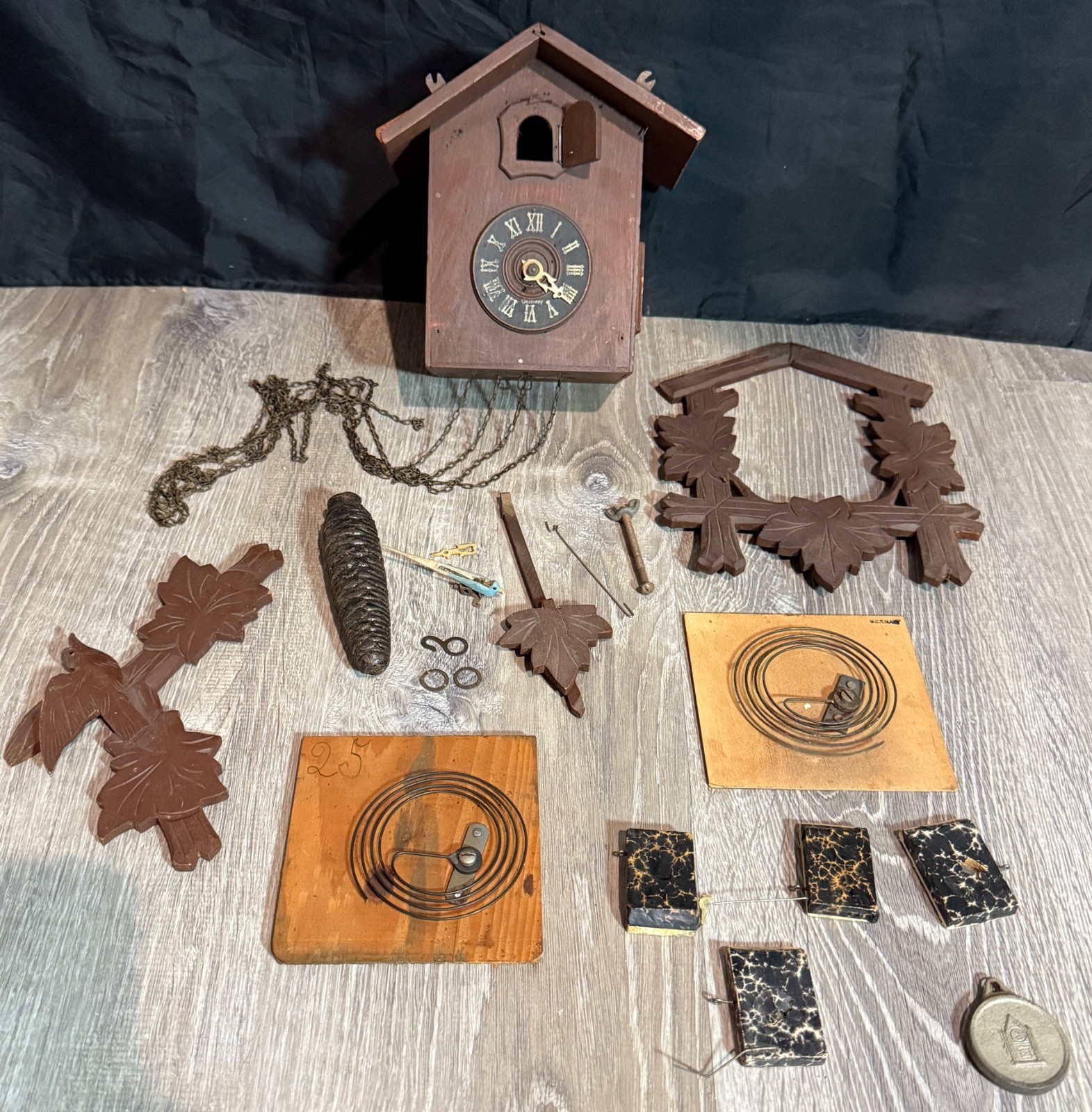 Vintage Cuckoo Clock Germany Parts or Repair Sold AS IS Extra Parts Gears +++