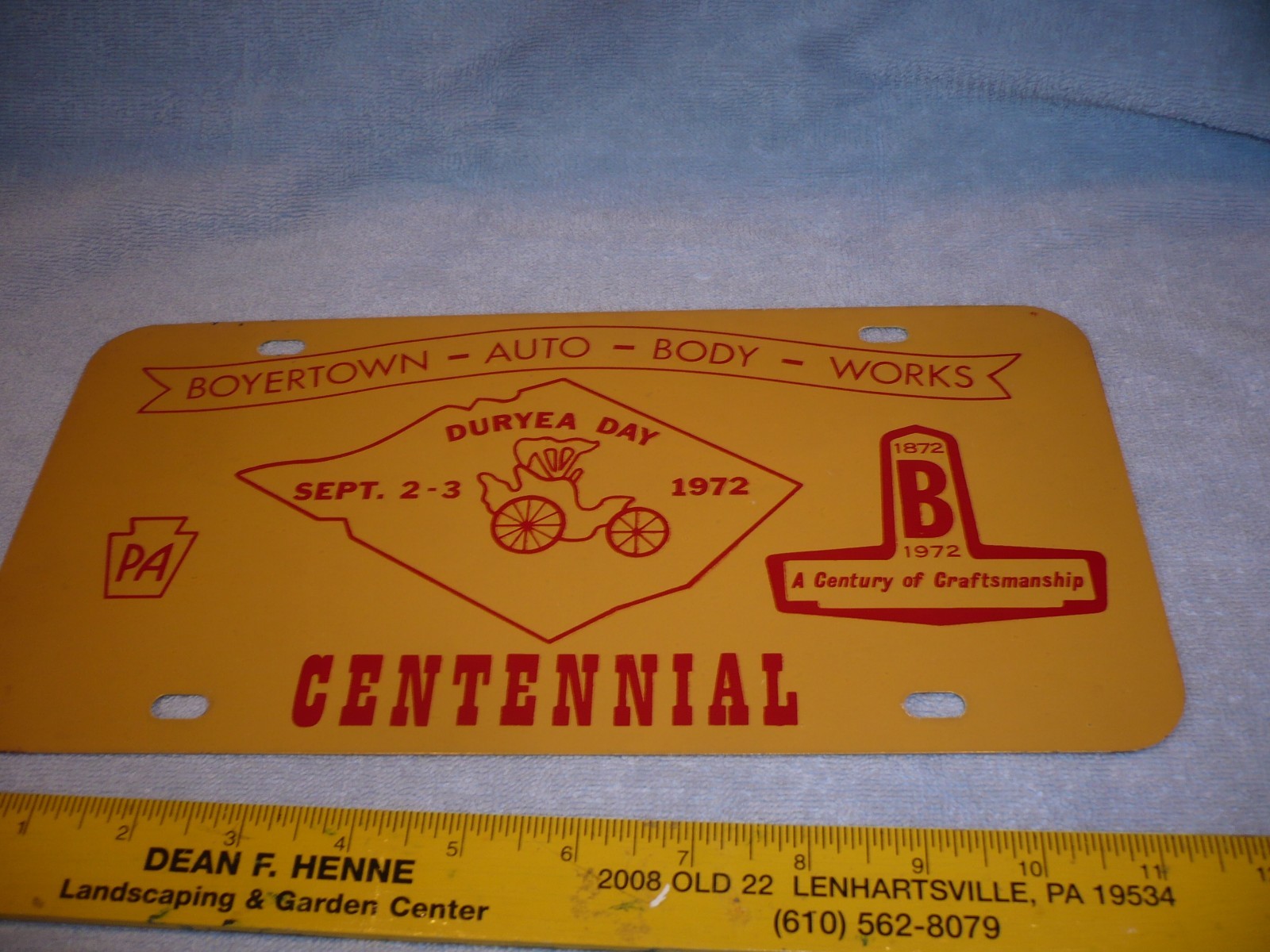 Vintage  1972 boyertown pa License Plate  centennial duryea day 