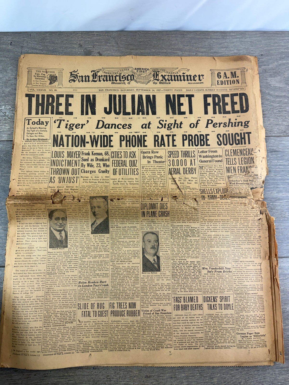 Vintage 1927 San Francisco Examiner Newspaper Three In Julian Freed CA