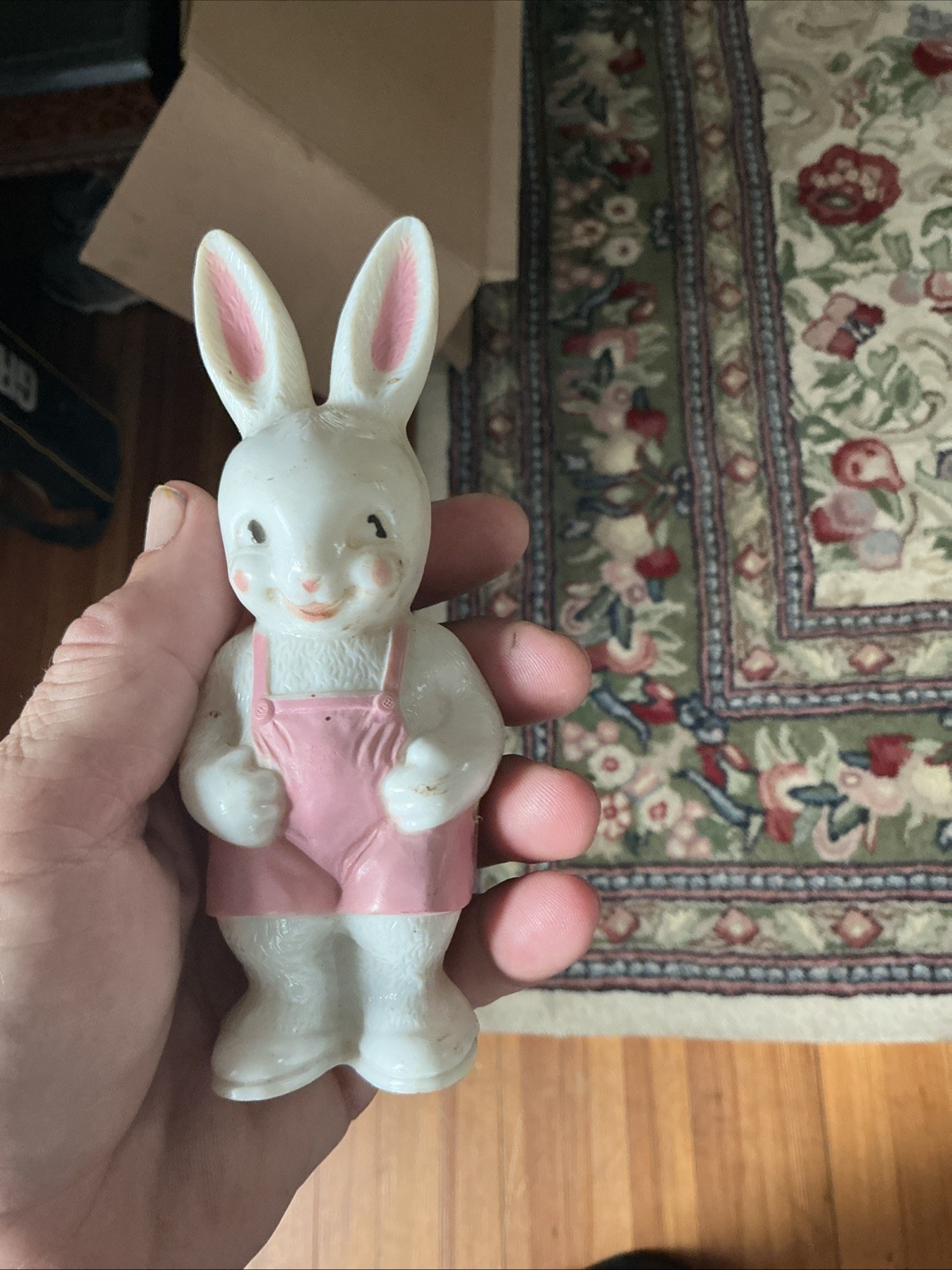 vintage Irwin Easter plastic baby rattle of Easter bunny dressed pink 1950's   
