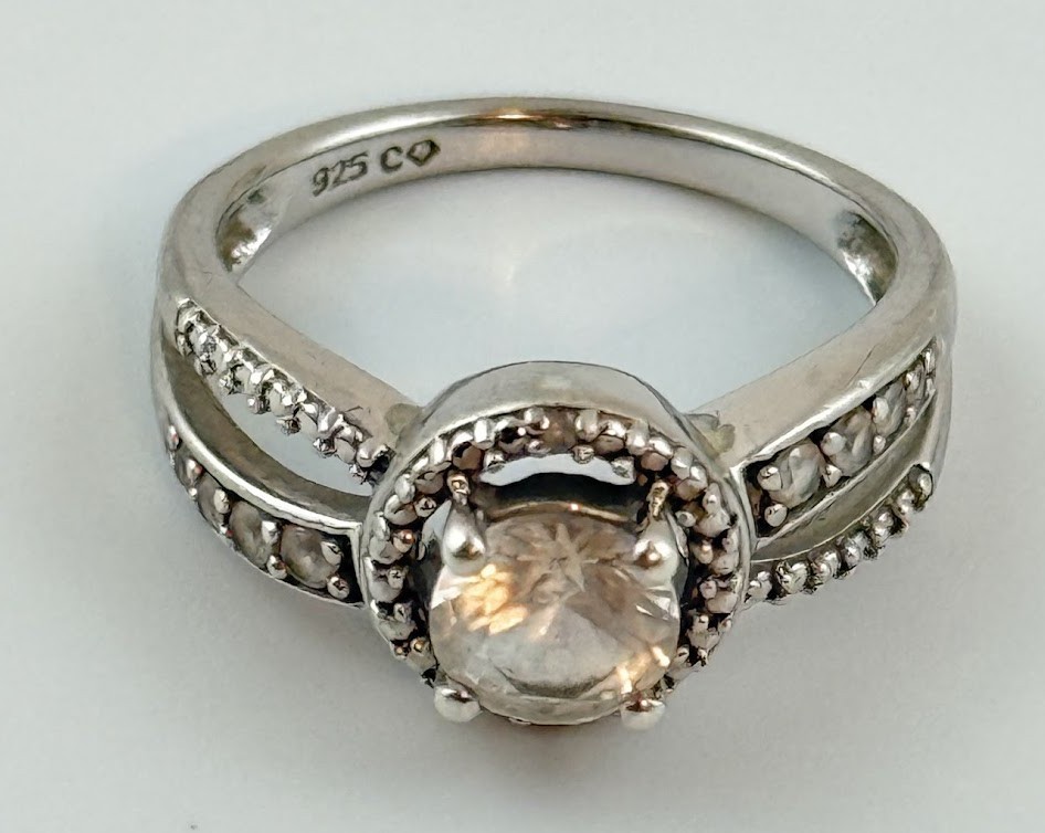 Vtg 925 Sterling CZ Halo Ring Size 7 Clear Stone Promise Engagement Ring Womens