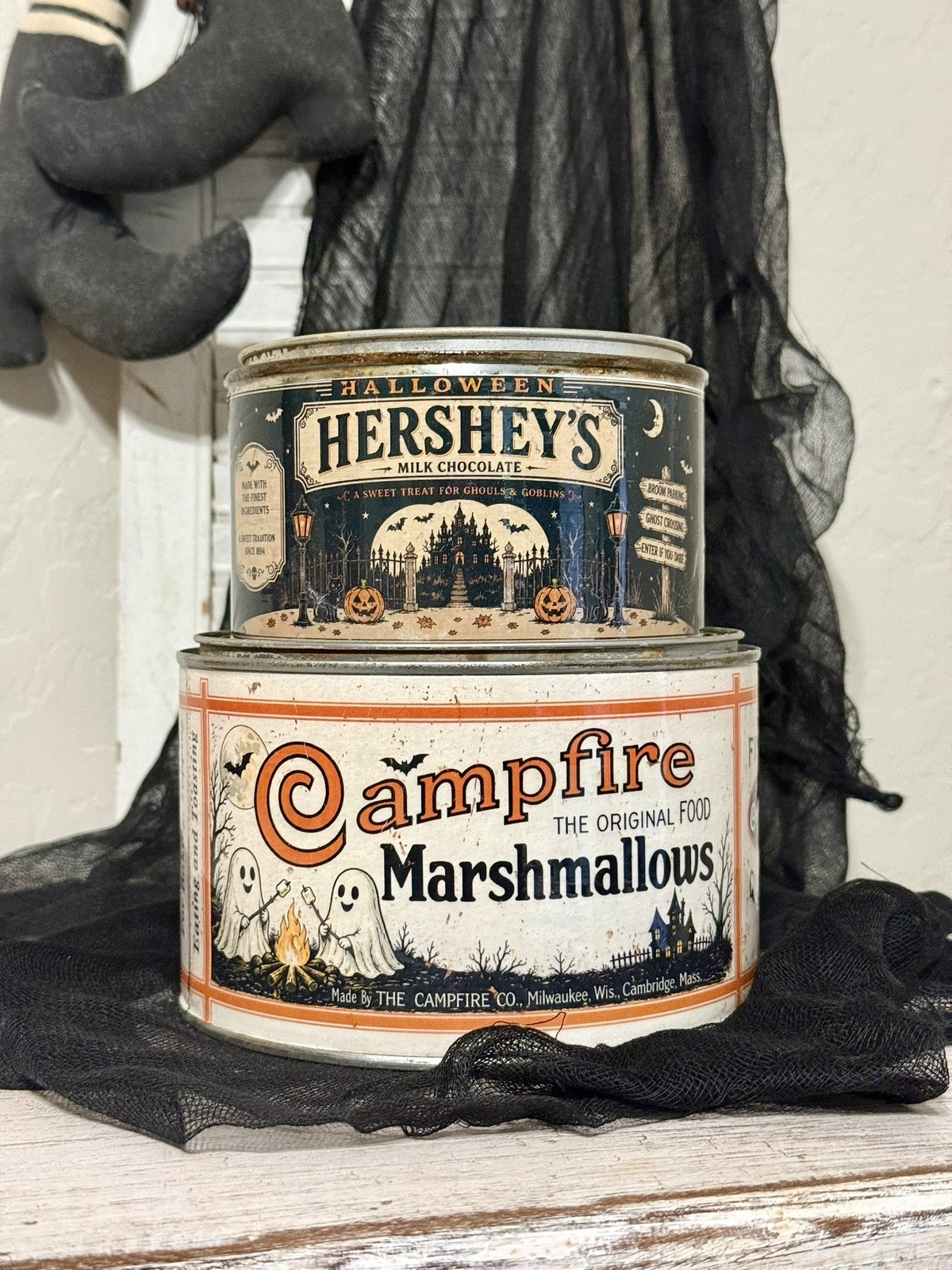 Vintage inspired Halloween  Campfire & Haunted Chocolate Tins Primitive Decor