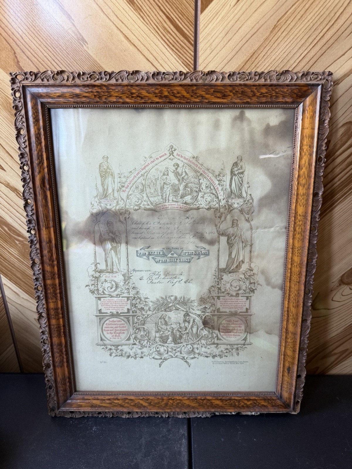 Antique 1903 Baptism Certificate Framed Religious Lithograph