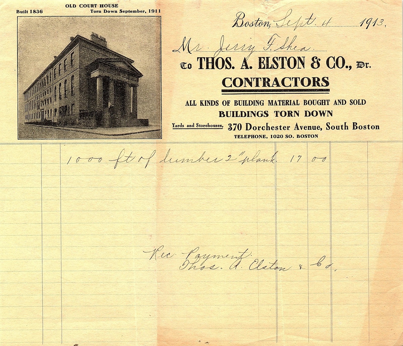1913 Boston Contractors Billhead, Old Court House image