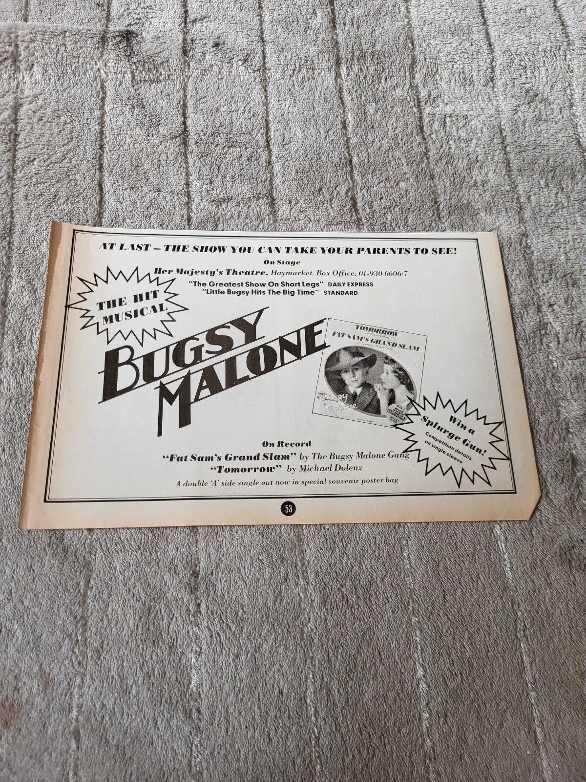 TPGM23 ADVERT 5X8 BUGSY MALONE : HER MAJESTY'S THEATRE & ON RECORD