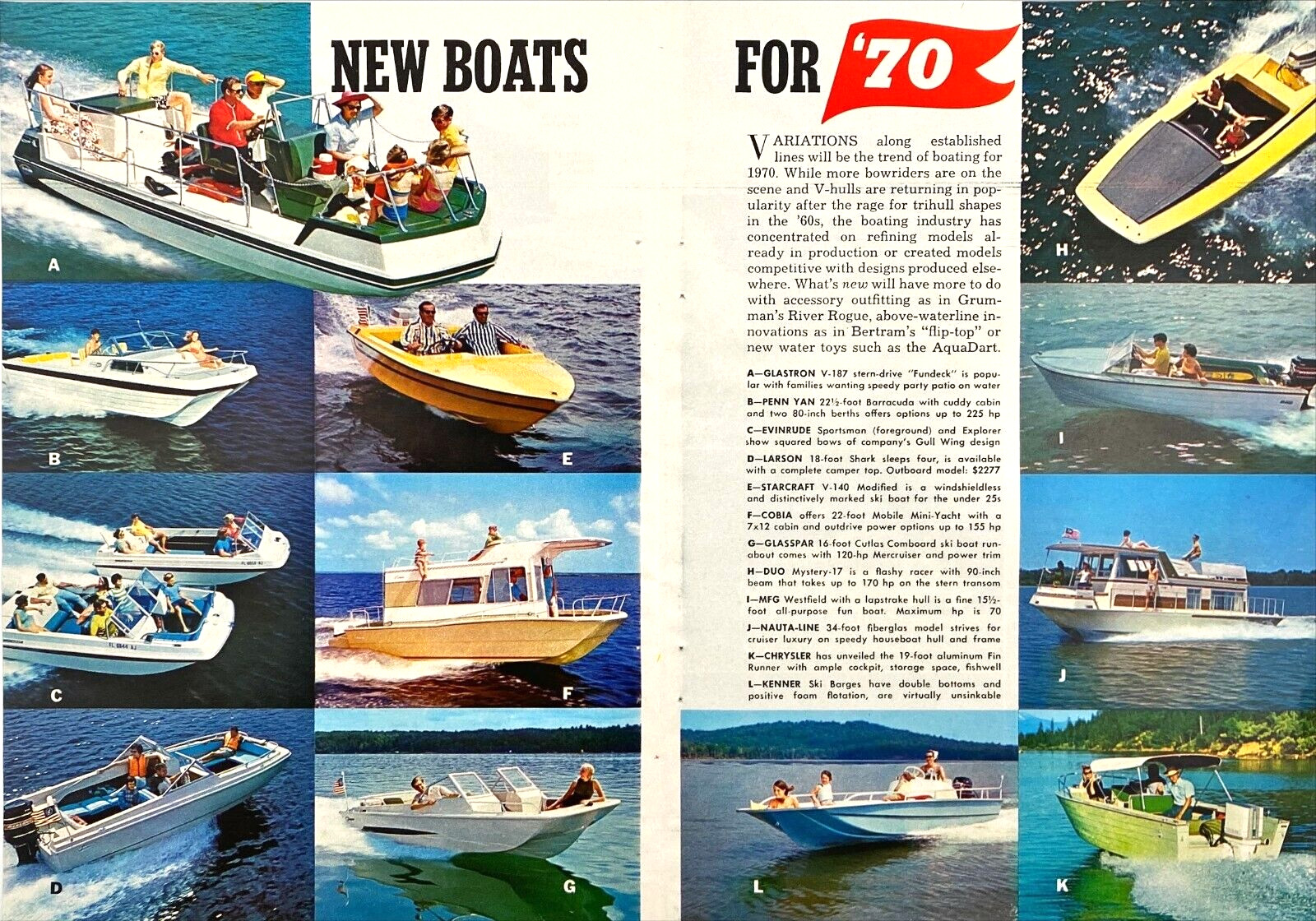 New Boats 1970 Glastron Evinrude Larson Cobia Glaspar Chrysler Vtg Mag Excerpt