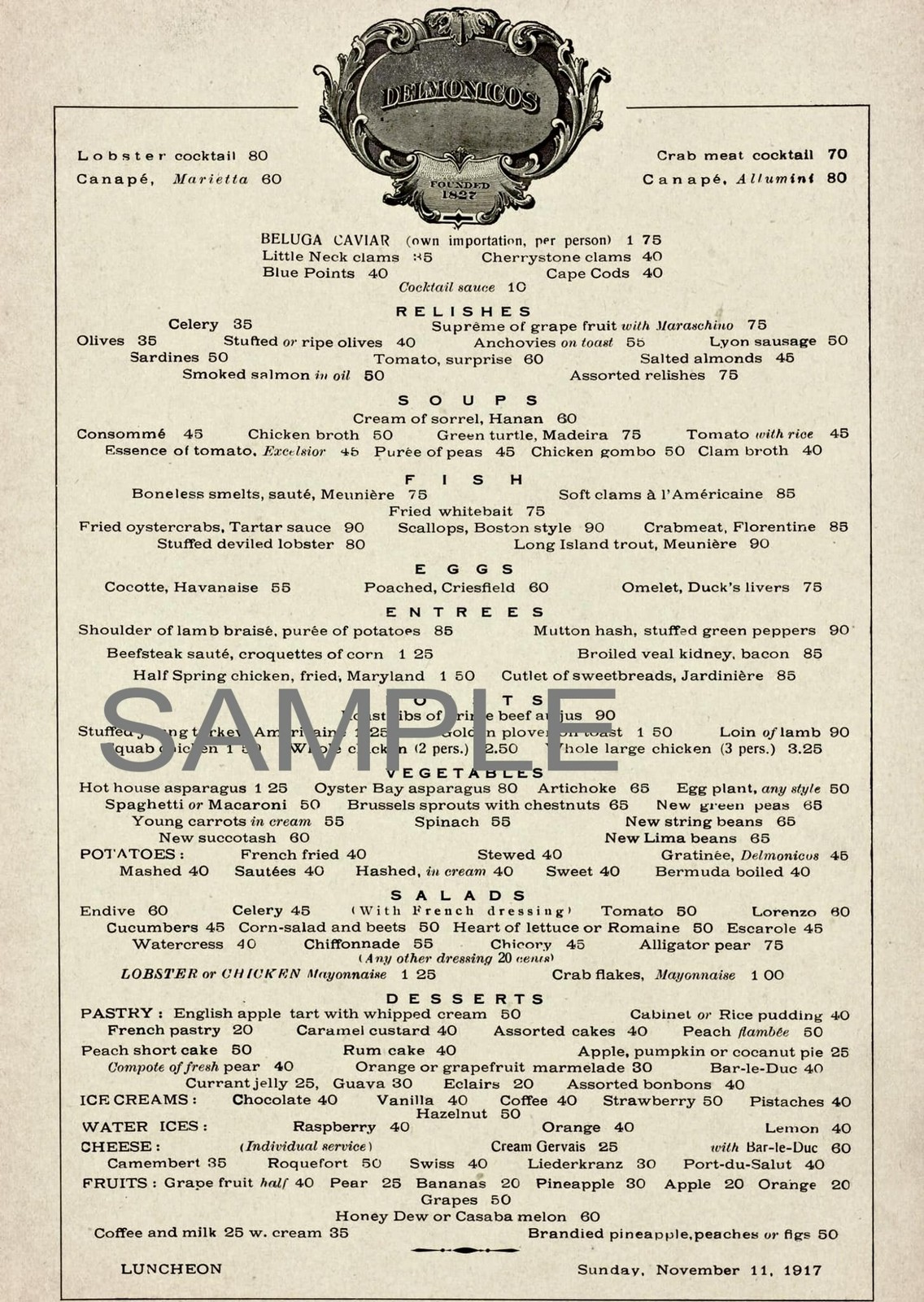 1917 DELMONICO\'S New York MENU Photo  (232-Y)