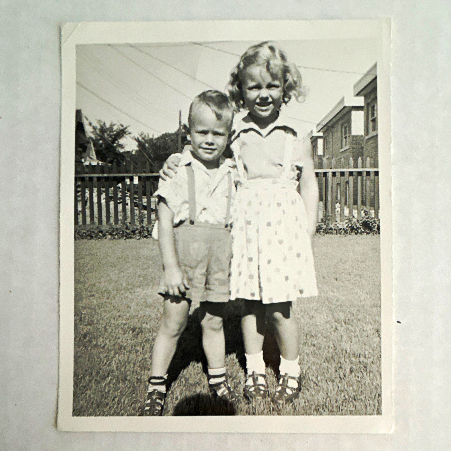 Vintage Black & White Portrait Snapshot Photograph of Two Cute Children Outdoors