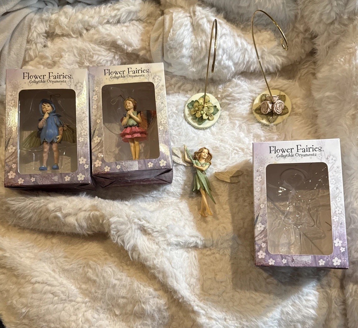 Cicely Mary Barker Flower 3 Fairy Ornaments And 2 Ornament Stands Retired DAMAGE
