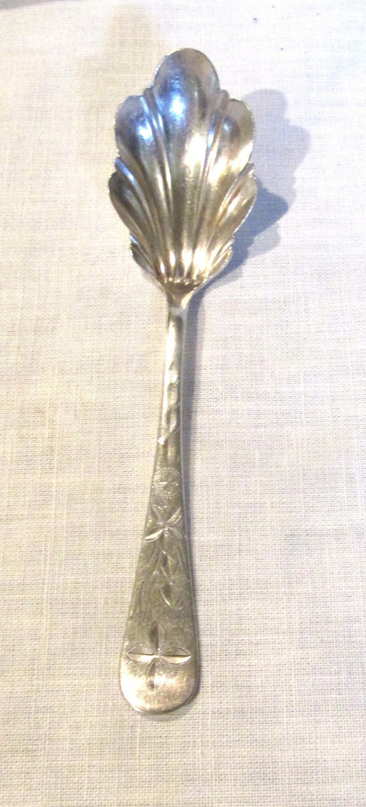 Vtg. 1847 Rogers Bros Linden Silver Plate Scalloped Shell Tip Sugar Spoon