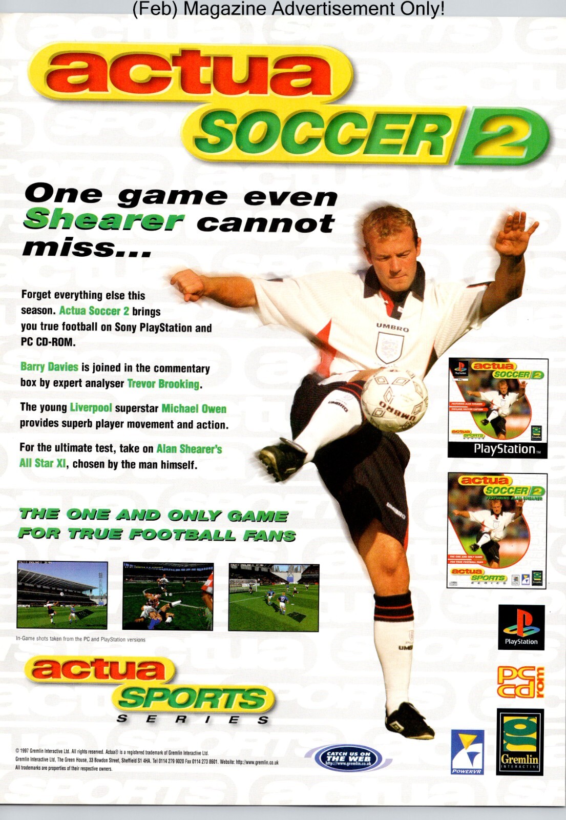 Actua Soccer 2 Playstation PS1 & PC Game Promo 1998 Full Page Print Ad