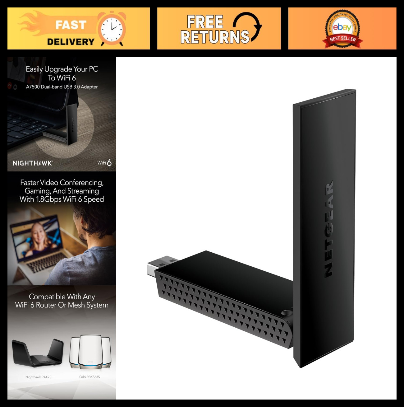 NETGEAR Nighthawk WiFi 6 USB 3.0 Adapter (A7500) – AX1800 Dual-Band Wireless Gig