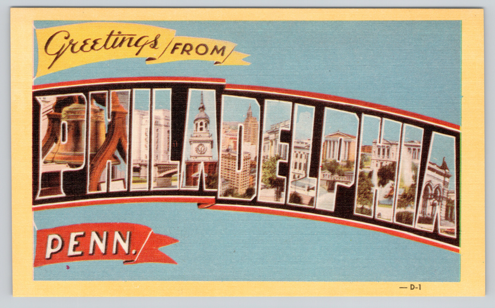 Philadelphia PA Postcard Greeting from Large Letter Linen Pennsylvania Penn Old