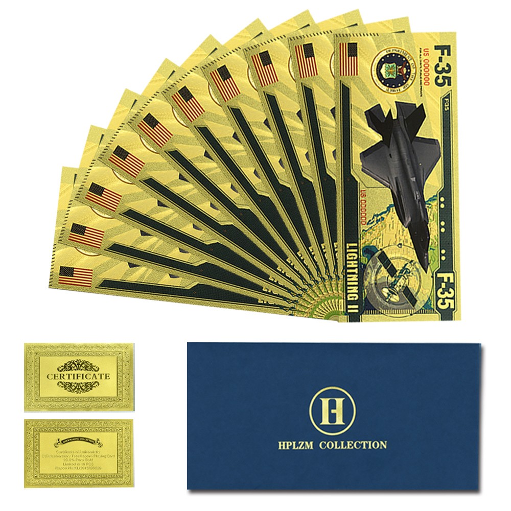 F35 Lightning II Jet Gold Foil Banknotes Set of 10 | Modern Stealth Collectible