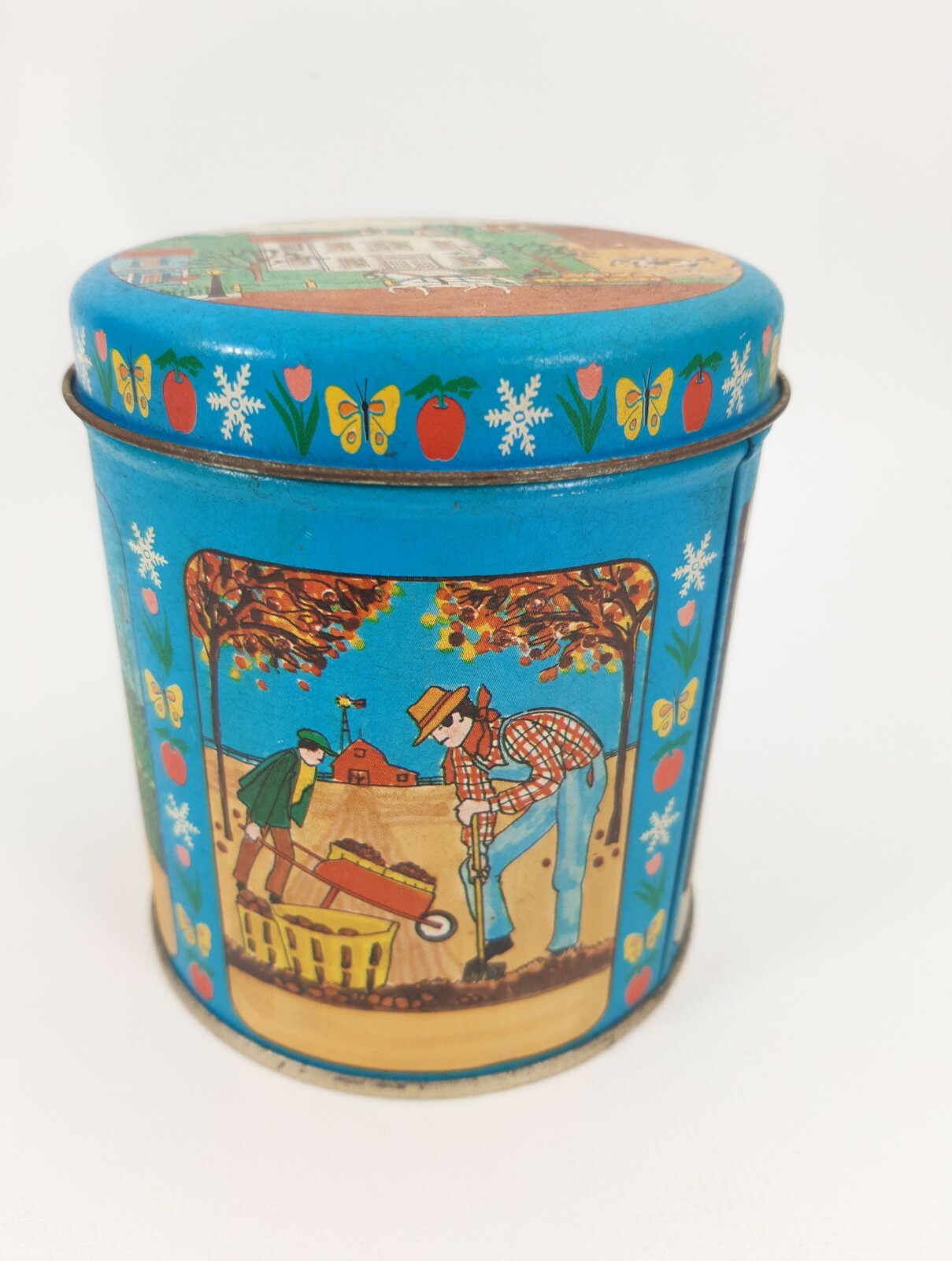 Vintage All 4 Seasons Tin Spring Summer WInter Fall Fisherman Skaters Garden lt2