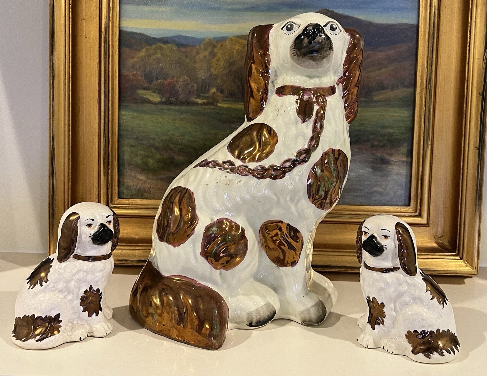 Antique Staffordshire Dog Set (3 Pieces) Large Is 9.5” tall and Smalls are 3.5”
